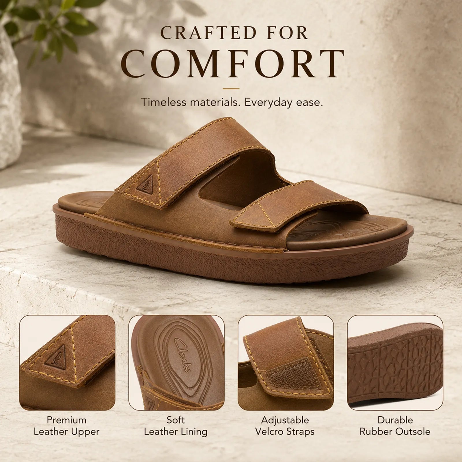 Men's khaki leather slide sandals with two straps, angled side view