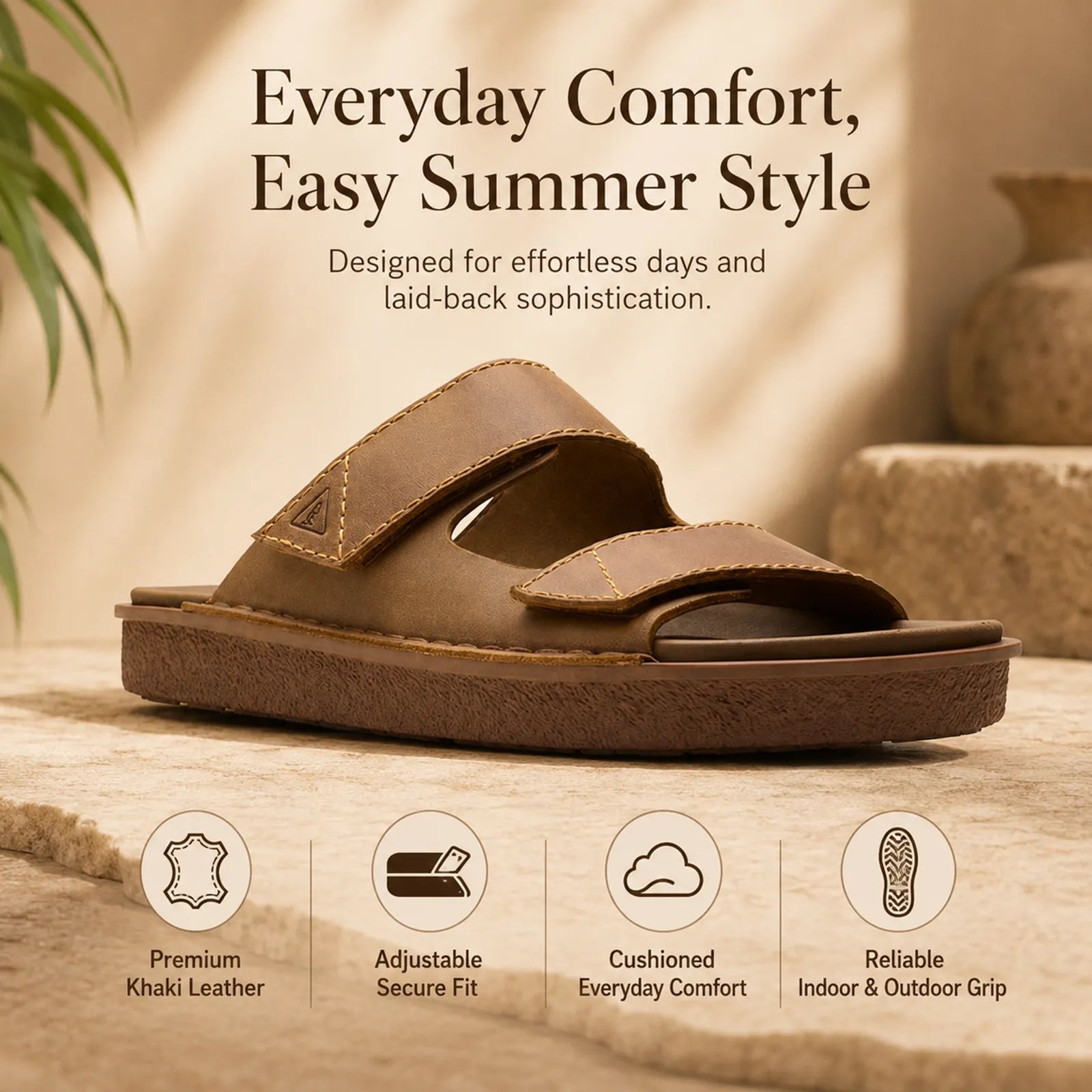 Men's khaki leather slide sandals with two straps, front angle view