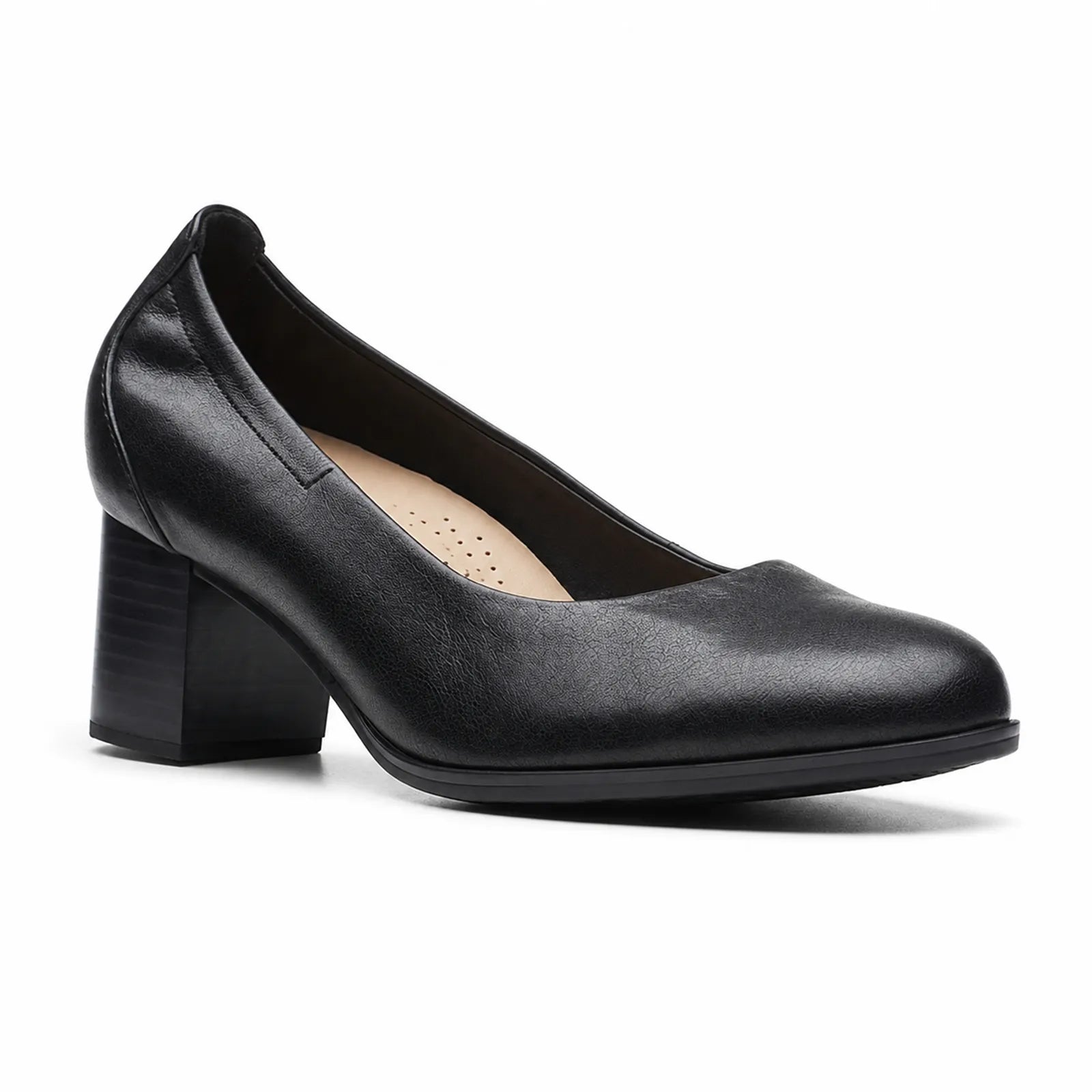 Black leather women's block-heel dress pump with almond toe