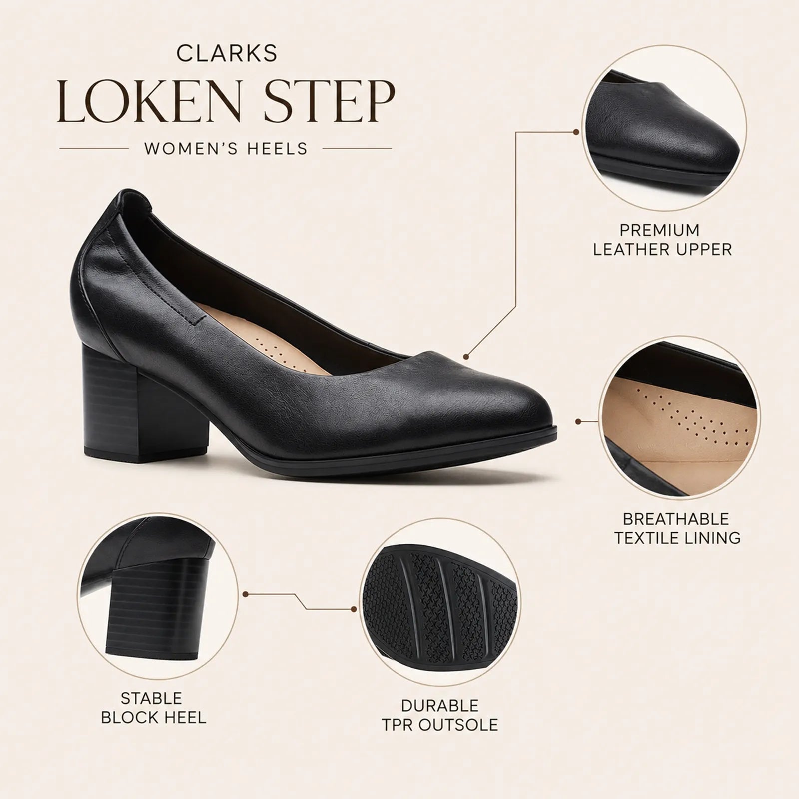 Infographic for black women's Loken Step block-heel leather shoes