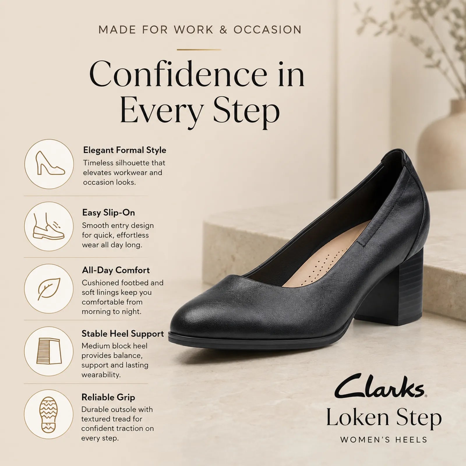 Women’s black leather formal block-heel shoes with curved toe and side profile