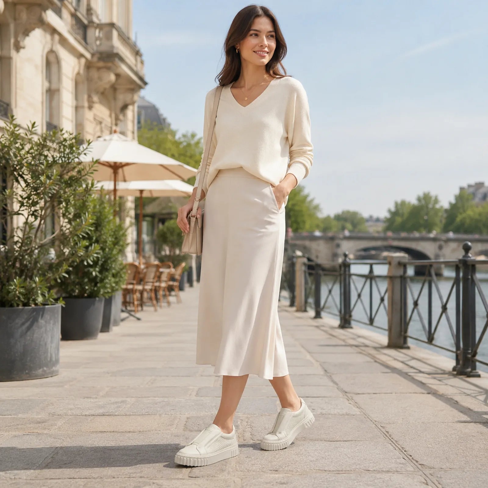 Beige leather slip-on sneakers on a woman wearing a midi dress
