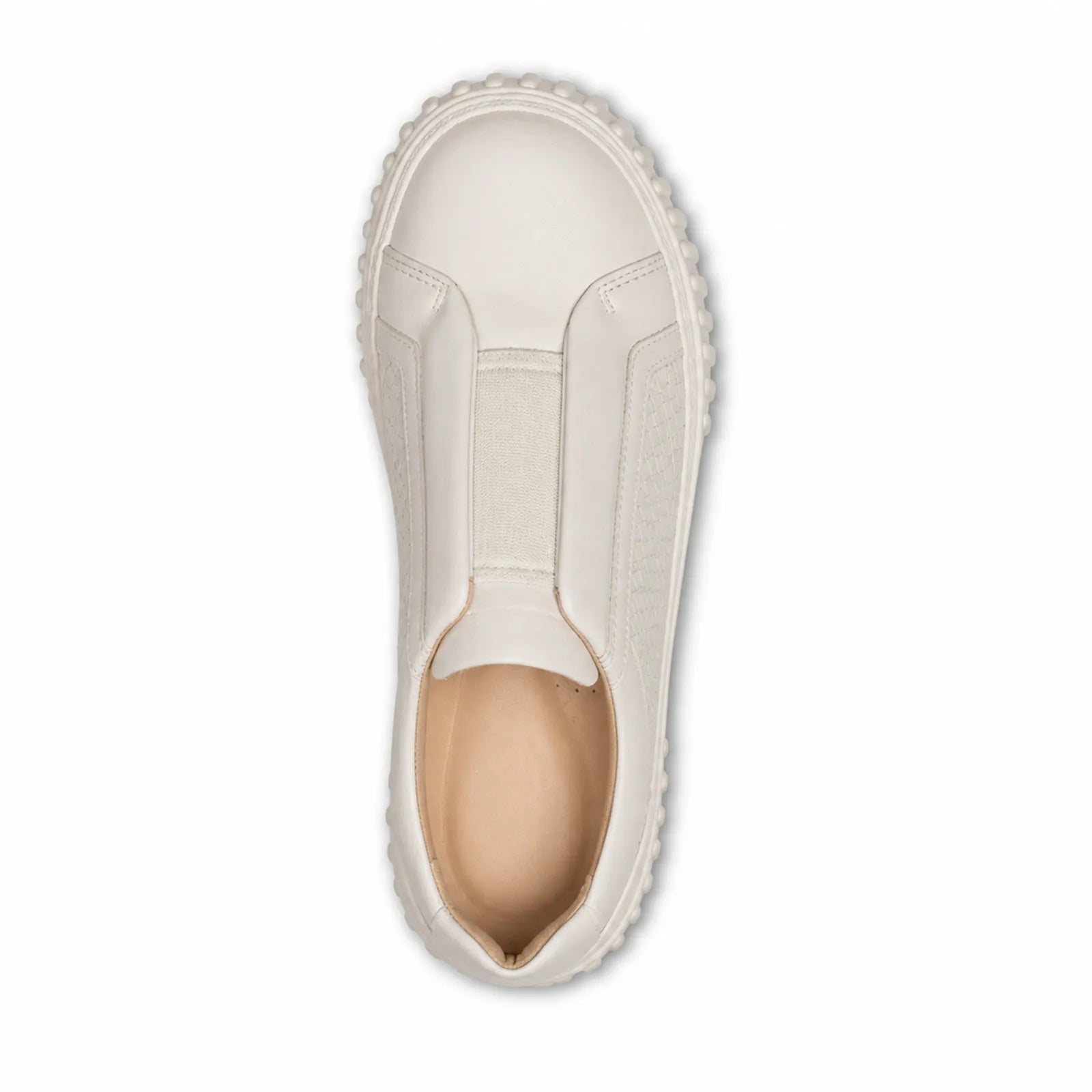 Beige leather sneaker with visible interior and padded collar