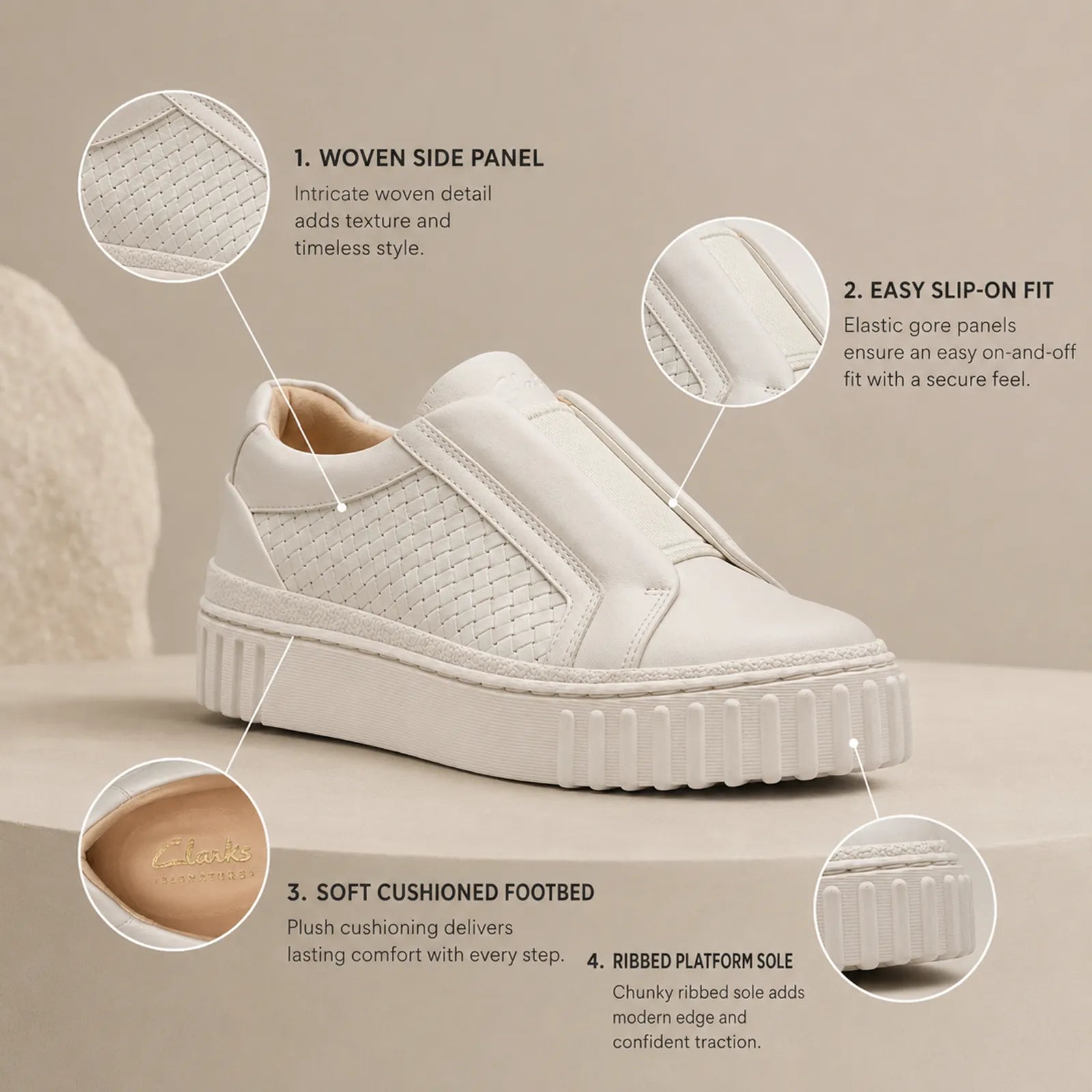 Beige leather slip-on sneaker showing woven side panel and elastic entry