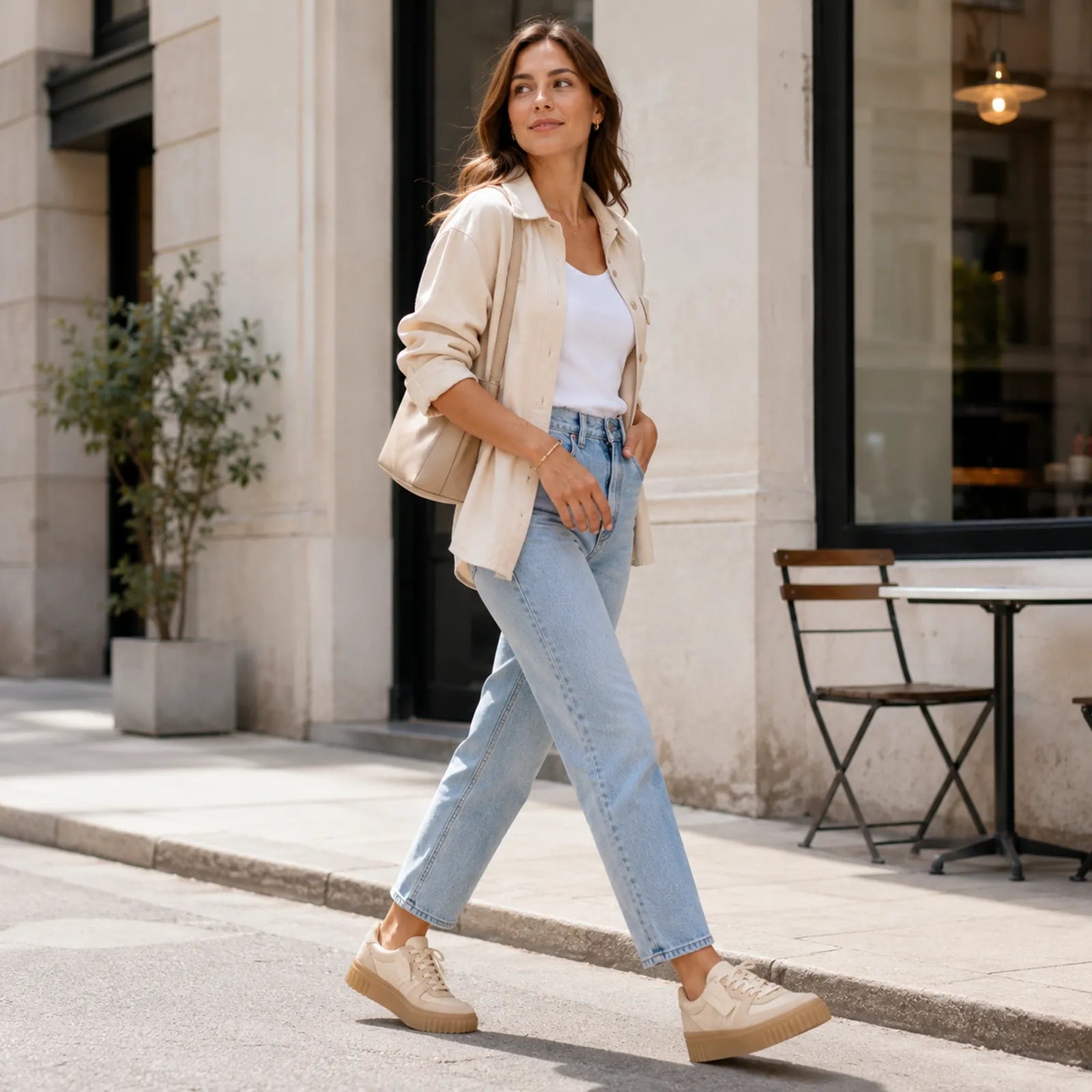 Women's lace-up sneakers in sand tones with chunky rubber sole
