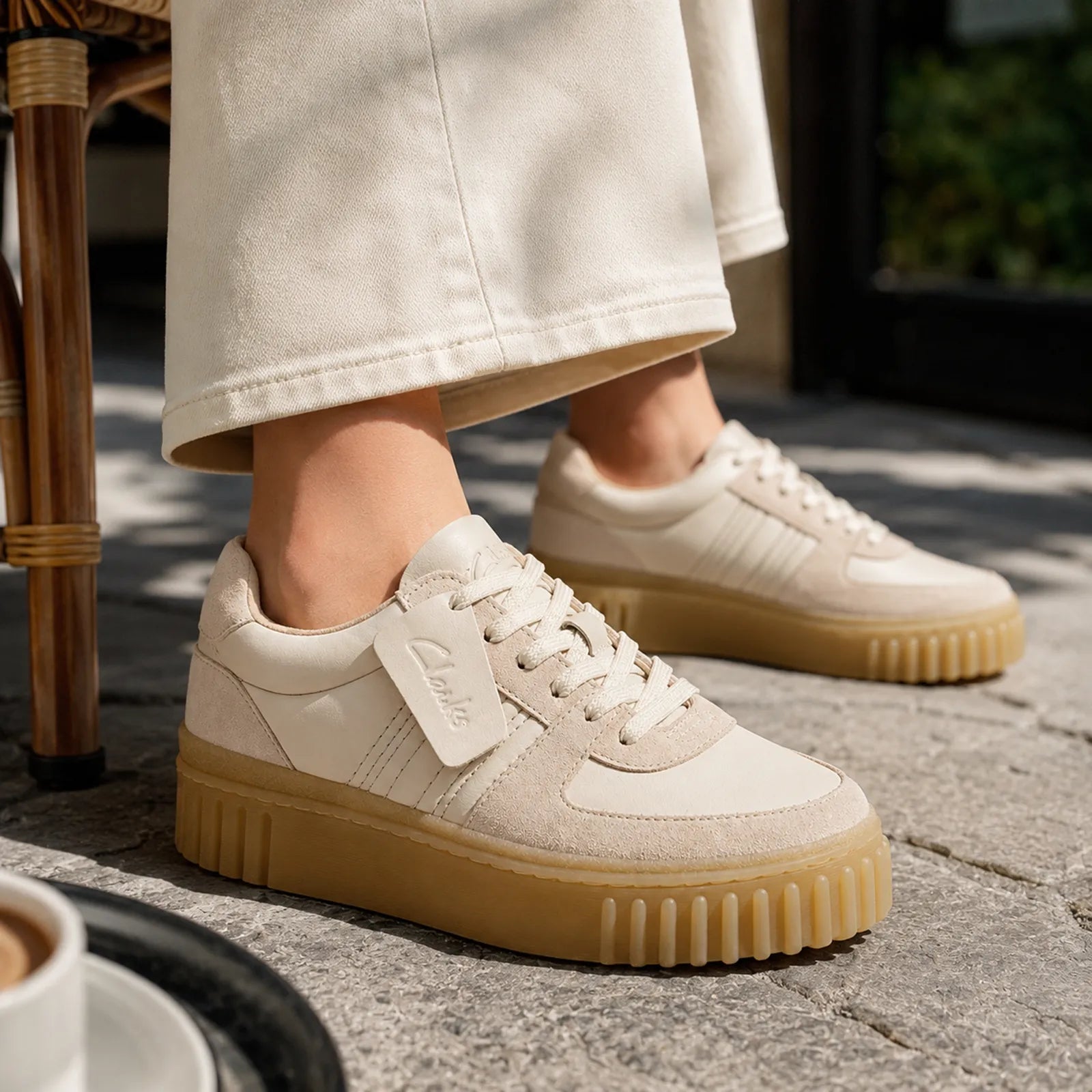 Women's lace-up sneakers with sand uppers and ribbed chunky rubber sole