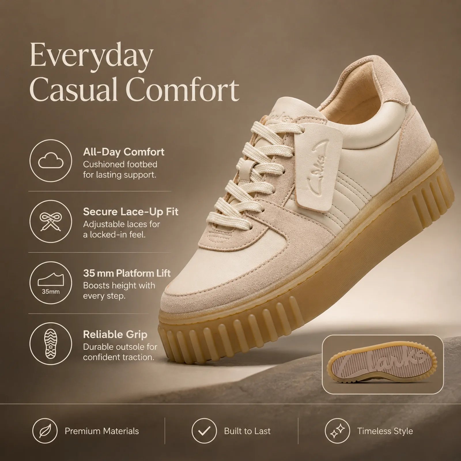 Women's lace-up sneakers with platform sole, sand and cream leather upper