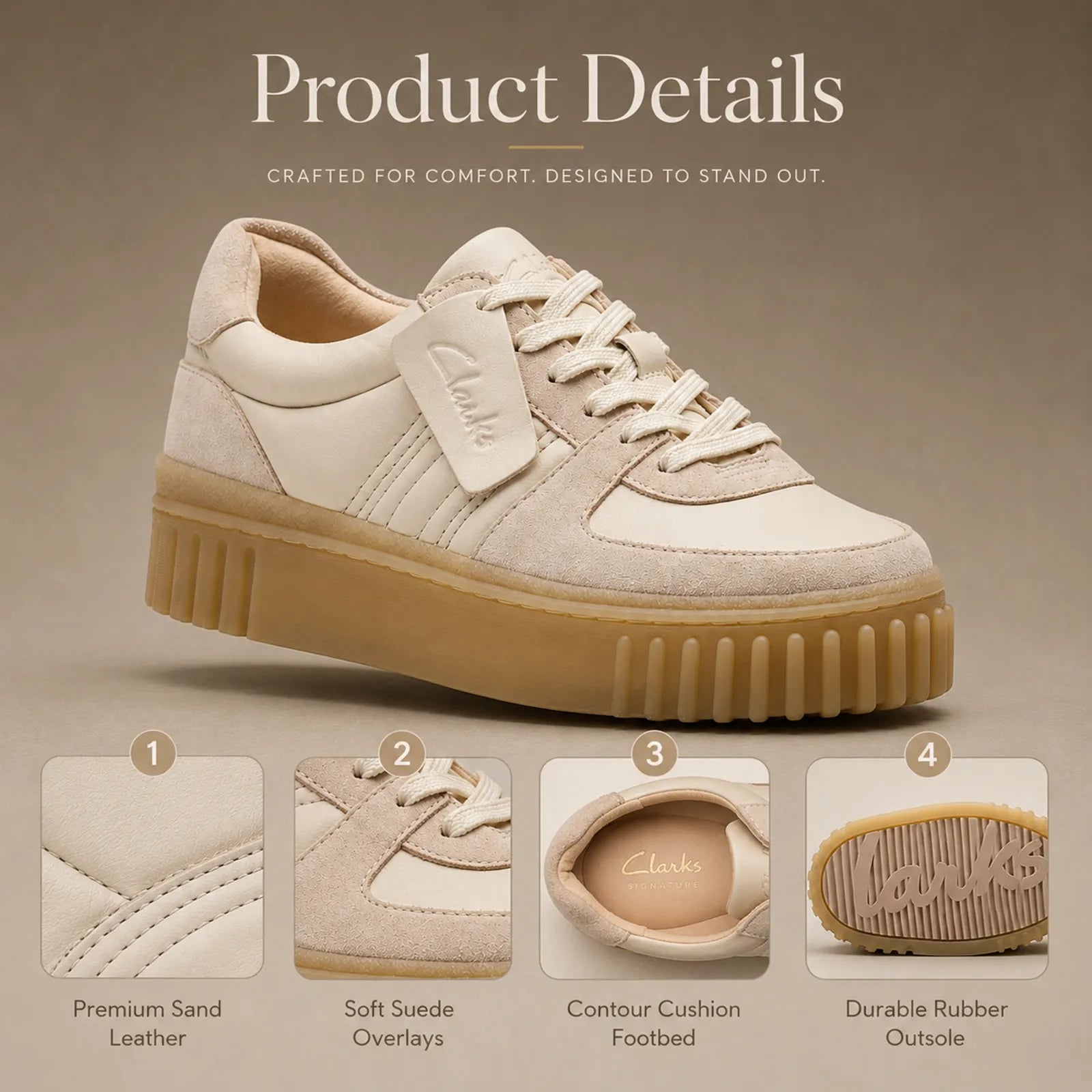 Mayhill lace sneaker details: suede overlays, cushioned footbed, durable rubber outsole
