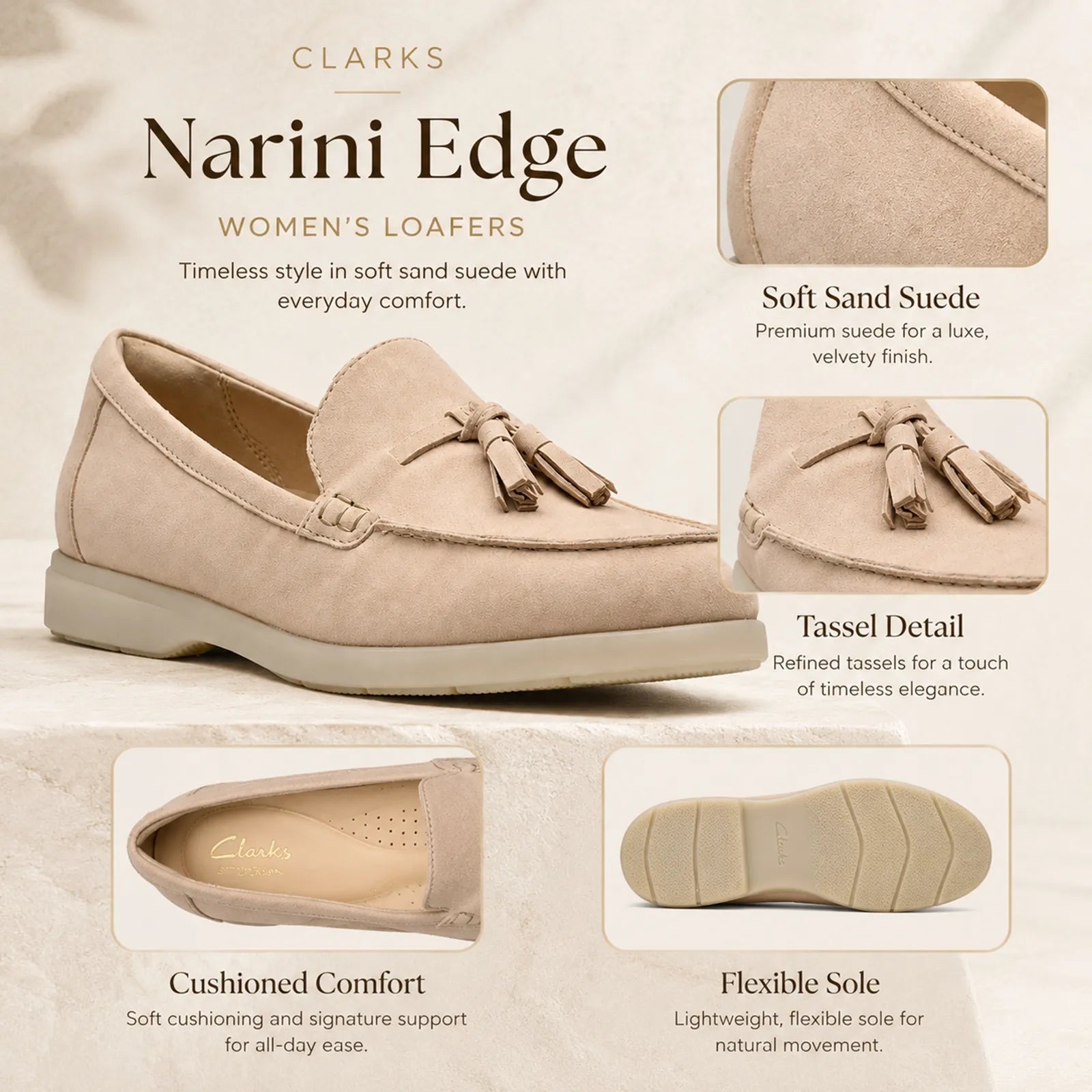 Women's light pink suede loafers with stitched upper and tassel detail, close-up