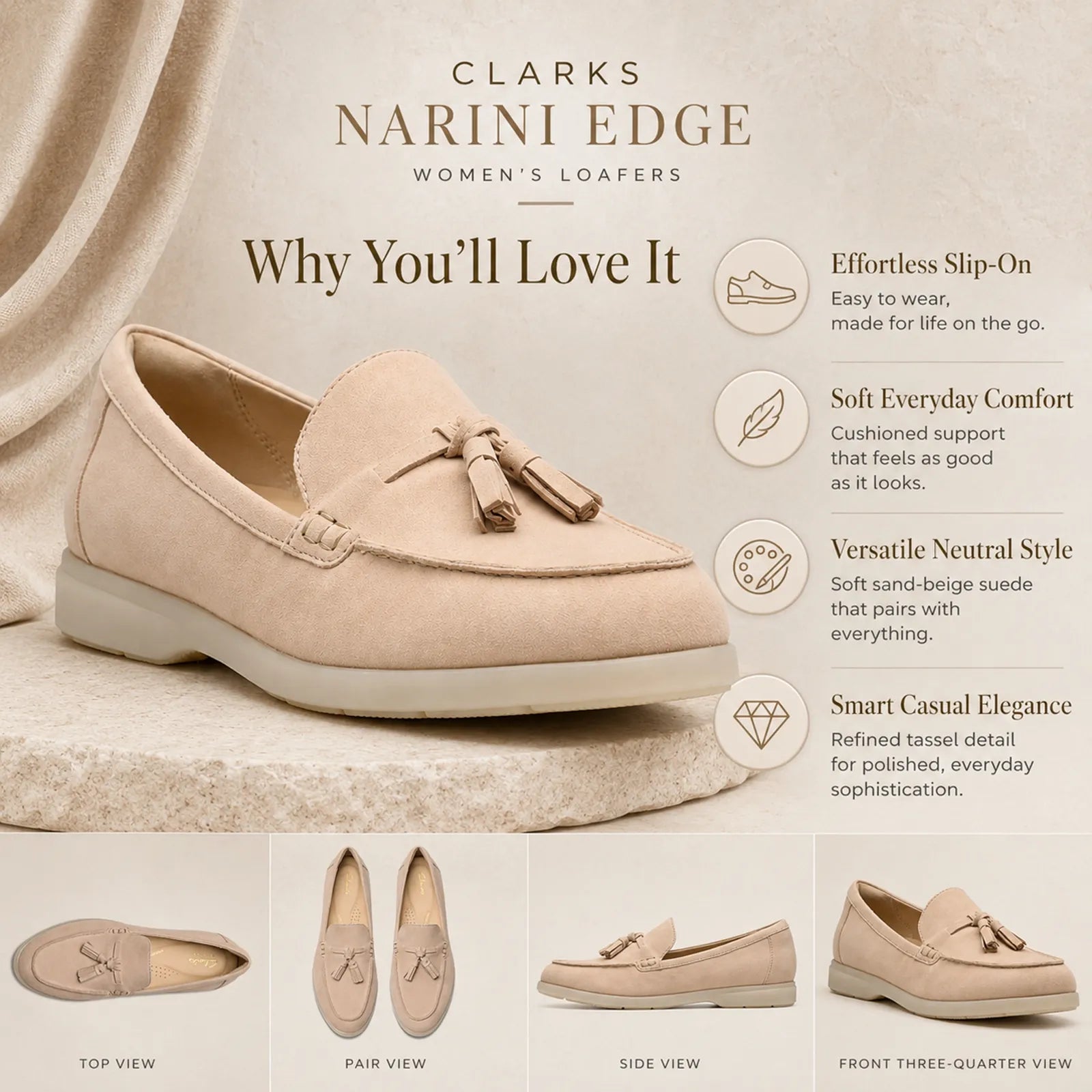 Women's light pink suede loafers shown from multiple angles with tassel accents