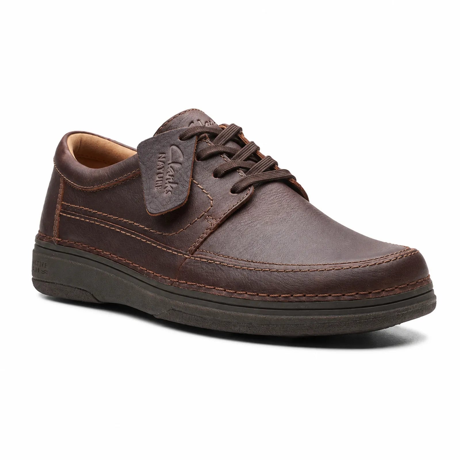 Men's brown leather lace-up business shoe with padded collar and stitched trim