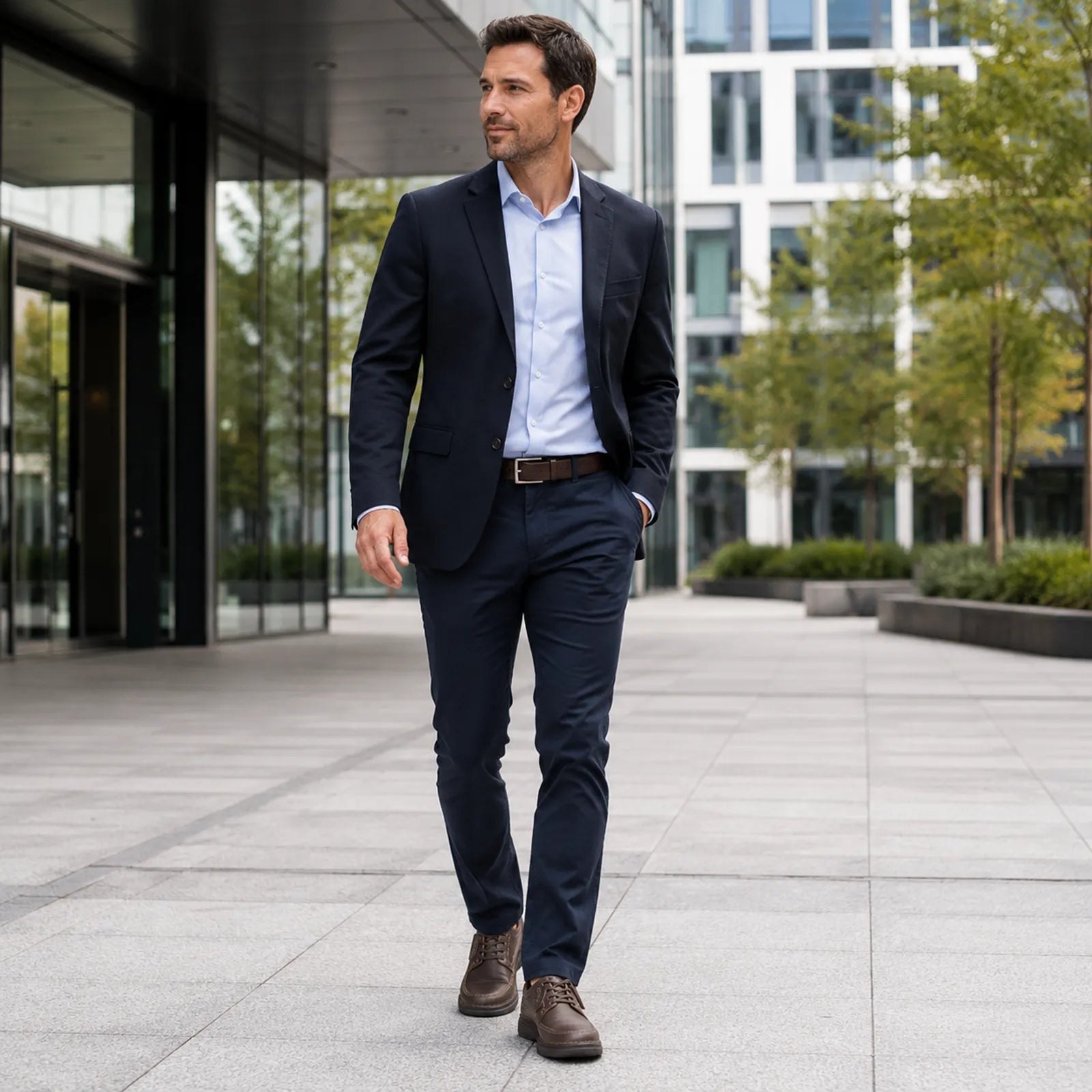 Men's brown leather business shoes worn with dark trousers