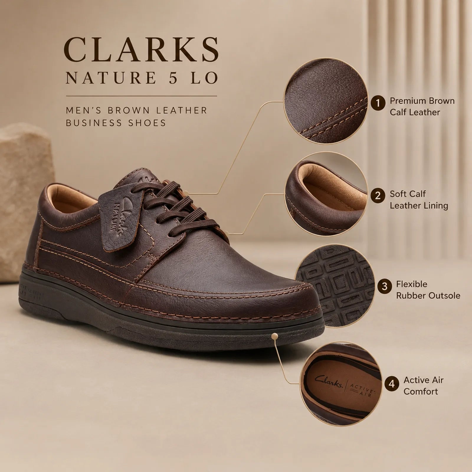 Brown leather lace-up business shoe with thick rubber outsole detail