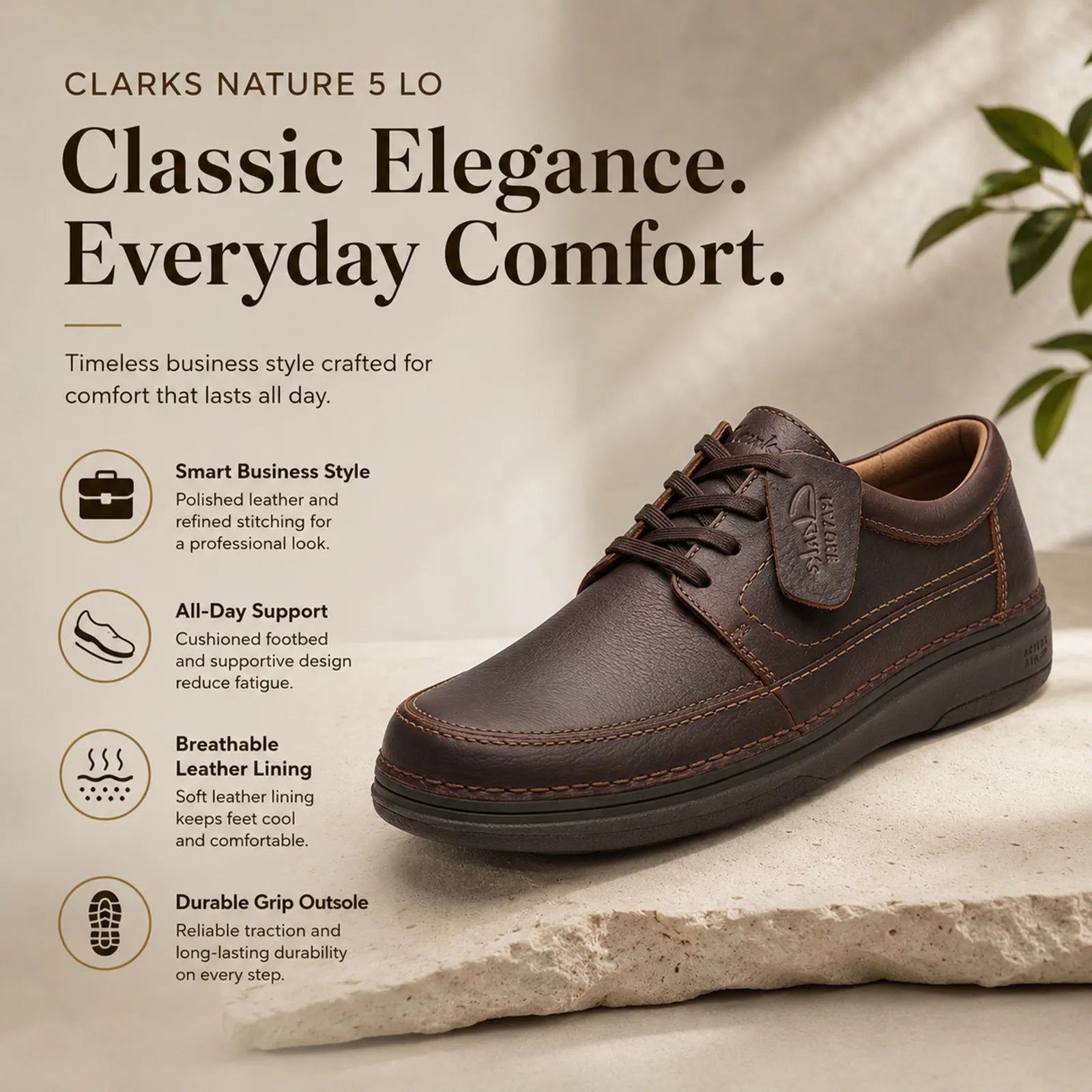 Brown leather lace-up business shoe with cushioned insole and stitched panels