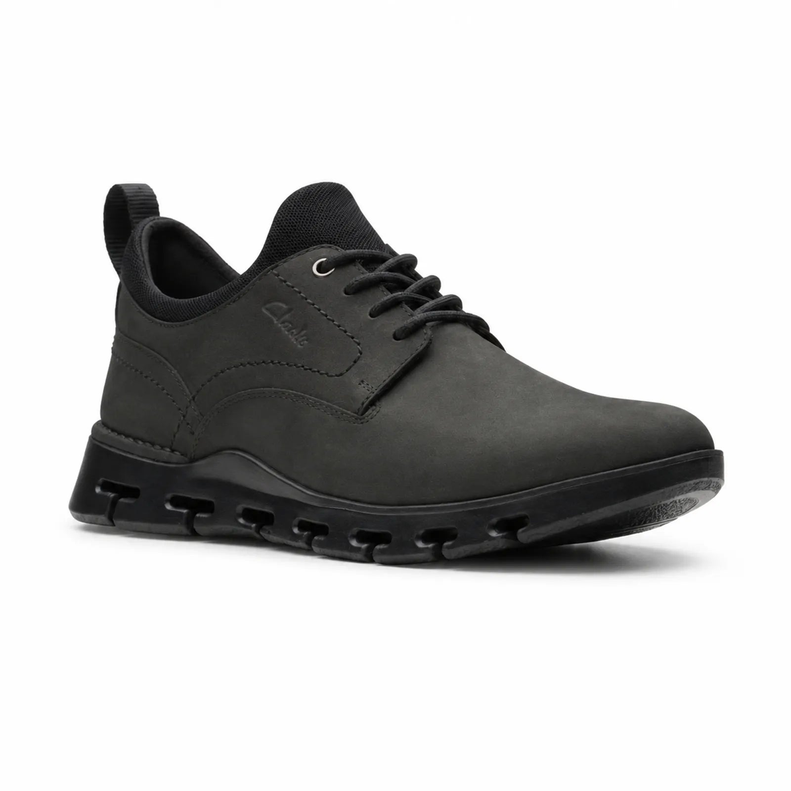 Men's black lace-up business shoes with cushioned segmented rubber sole