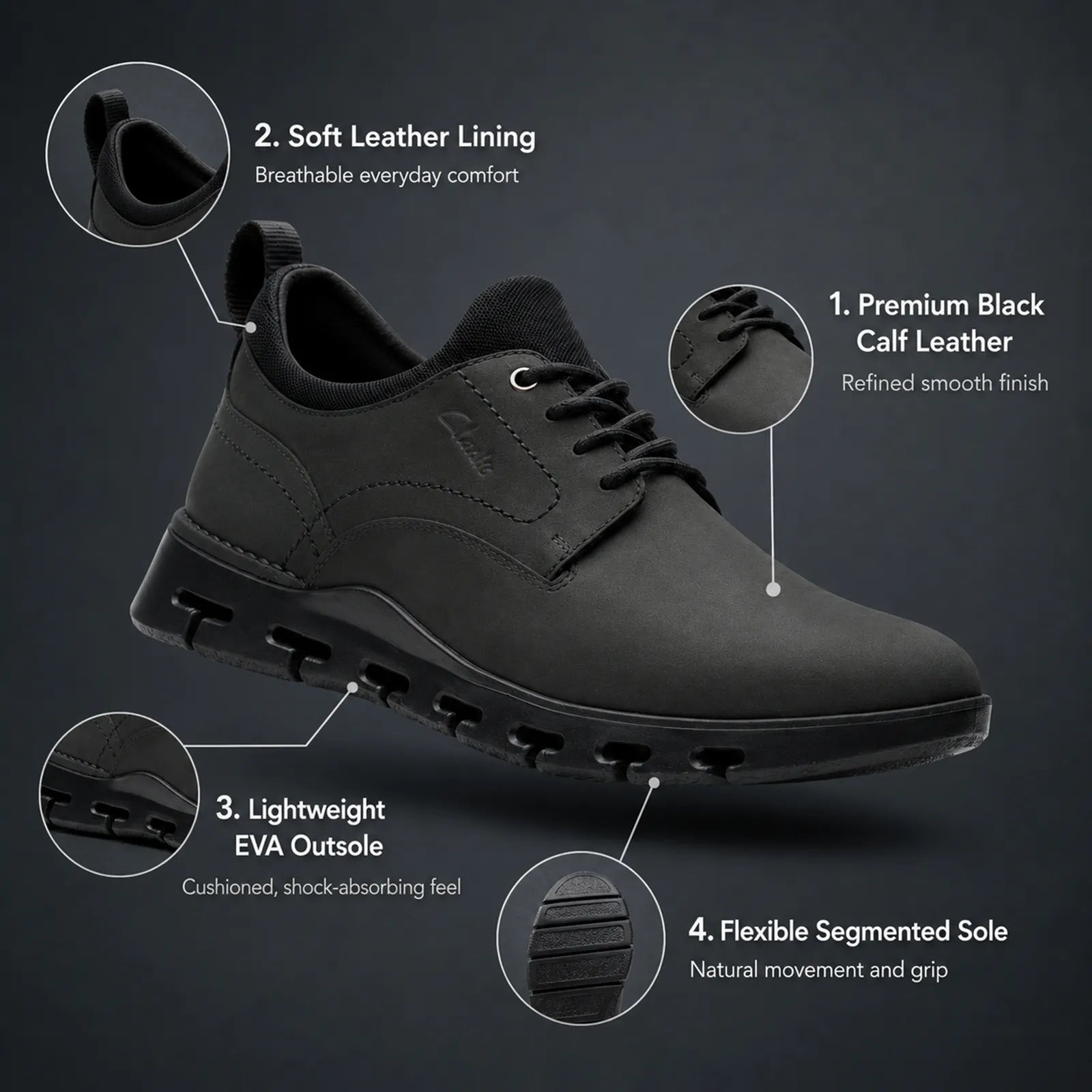 Men's black lace-up business shoe with comfort lining and cushioned outsole