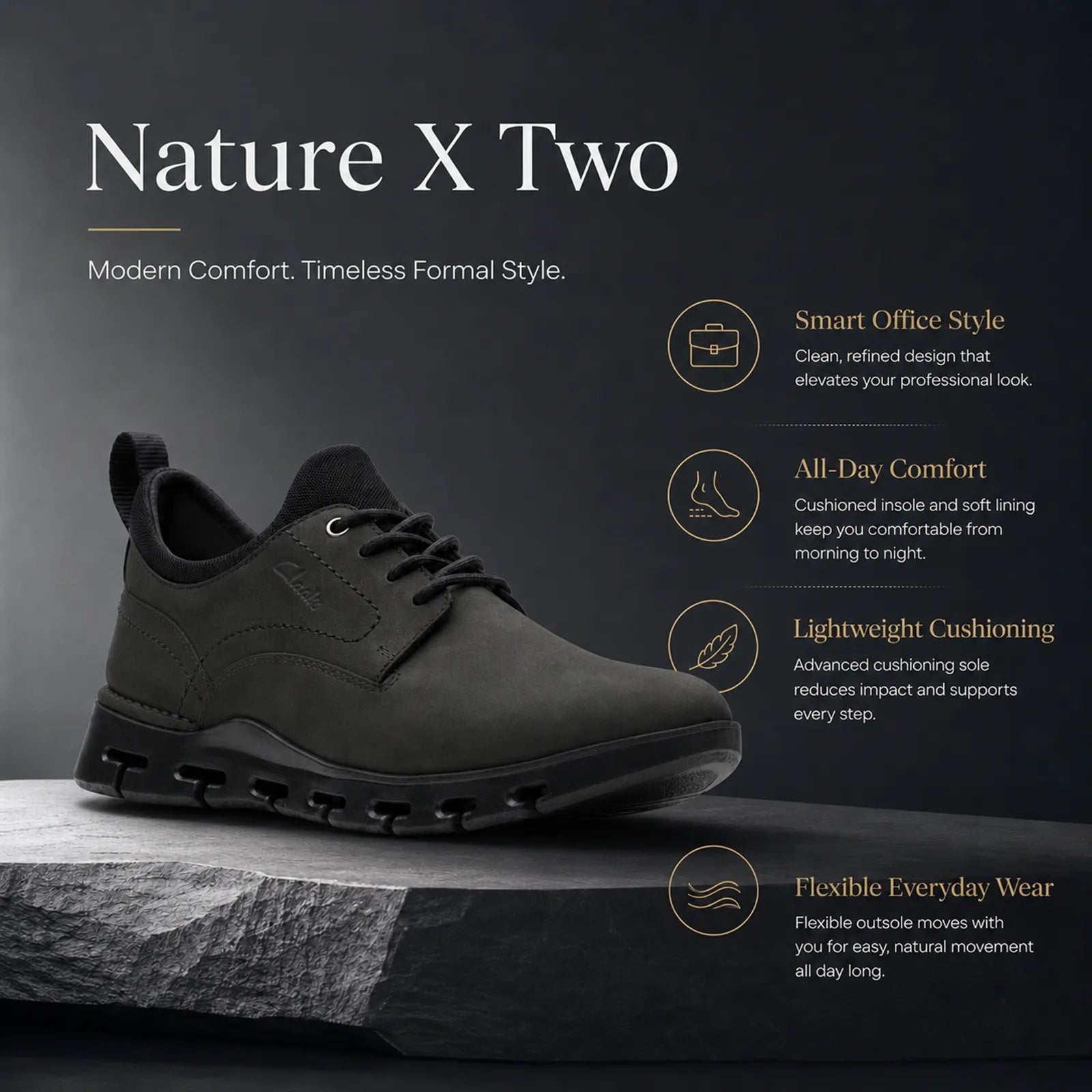 Men's black lace-up business shoes, low profile with cushioned sole