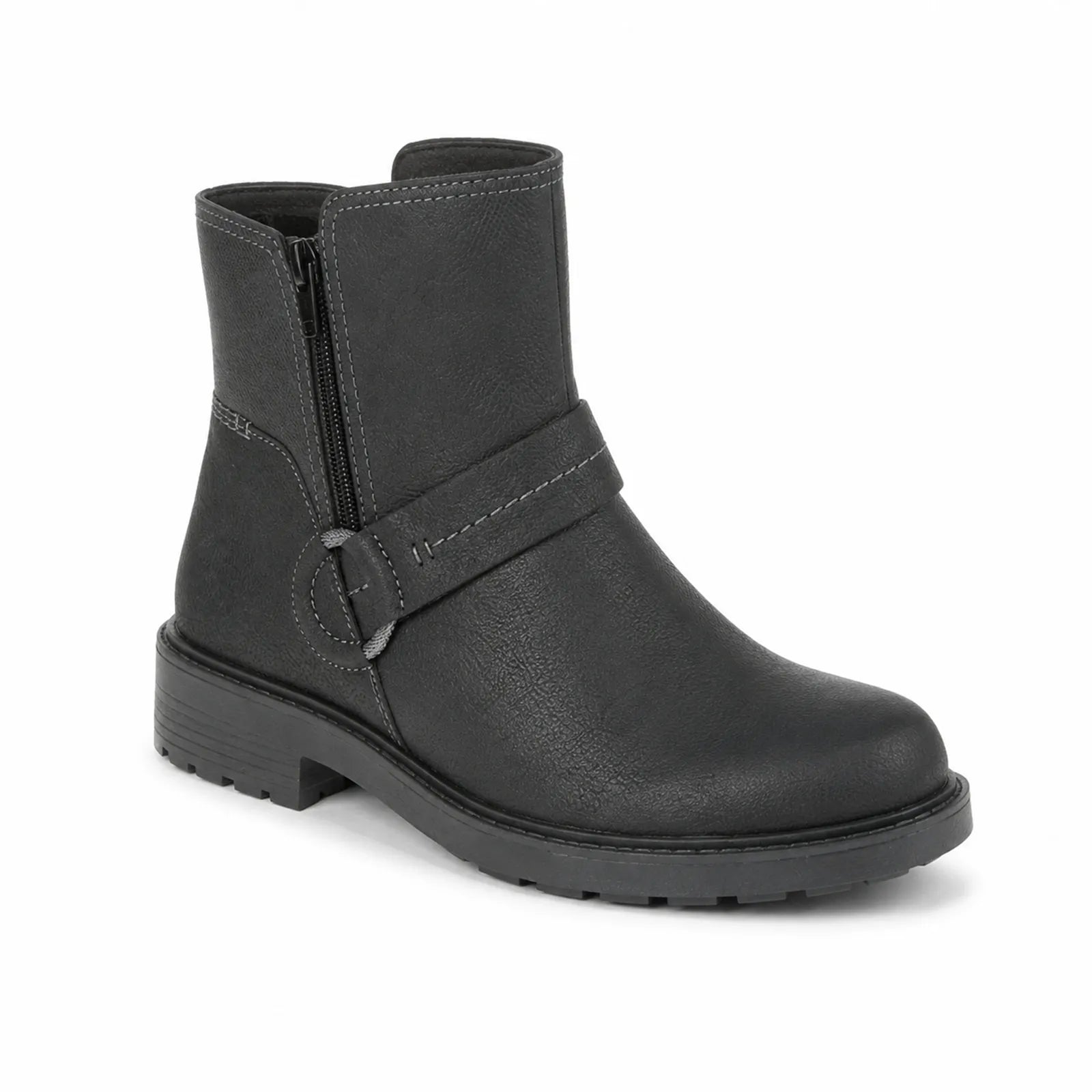 Black leather ankle boots with side zip, strap detail, and low treaded heel