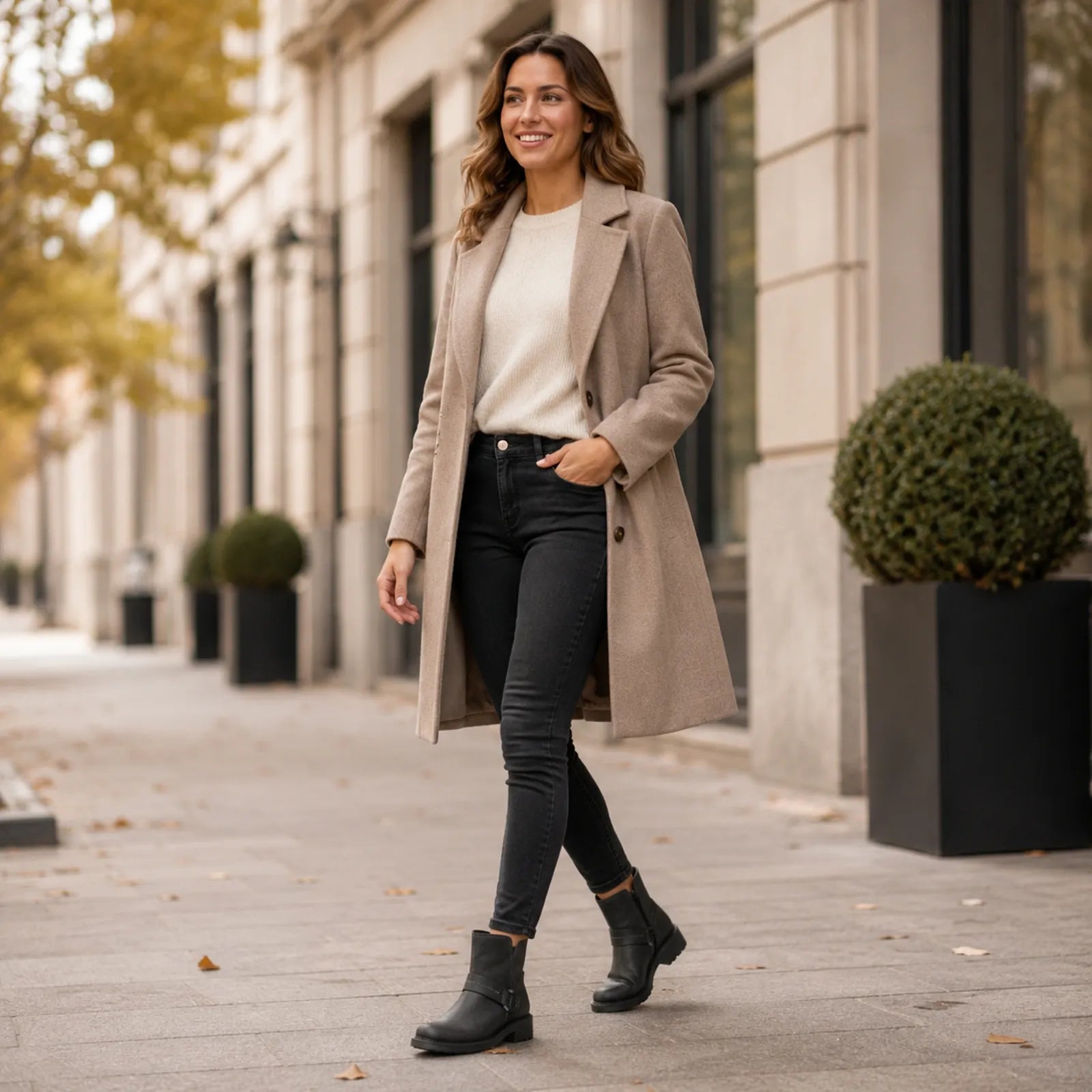 Black leather ankle boots with side zip and low treaded outsole
