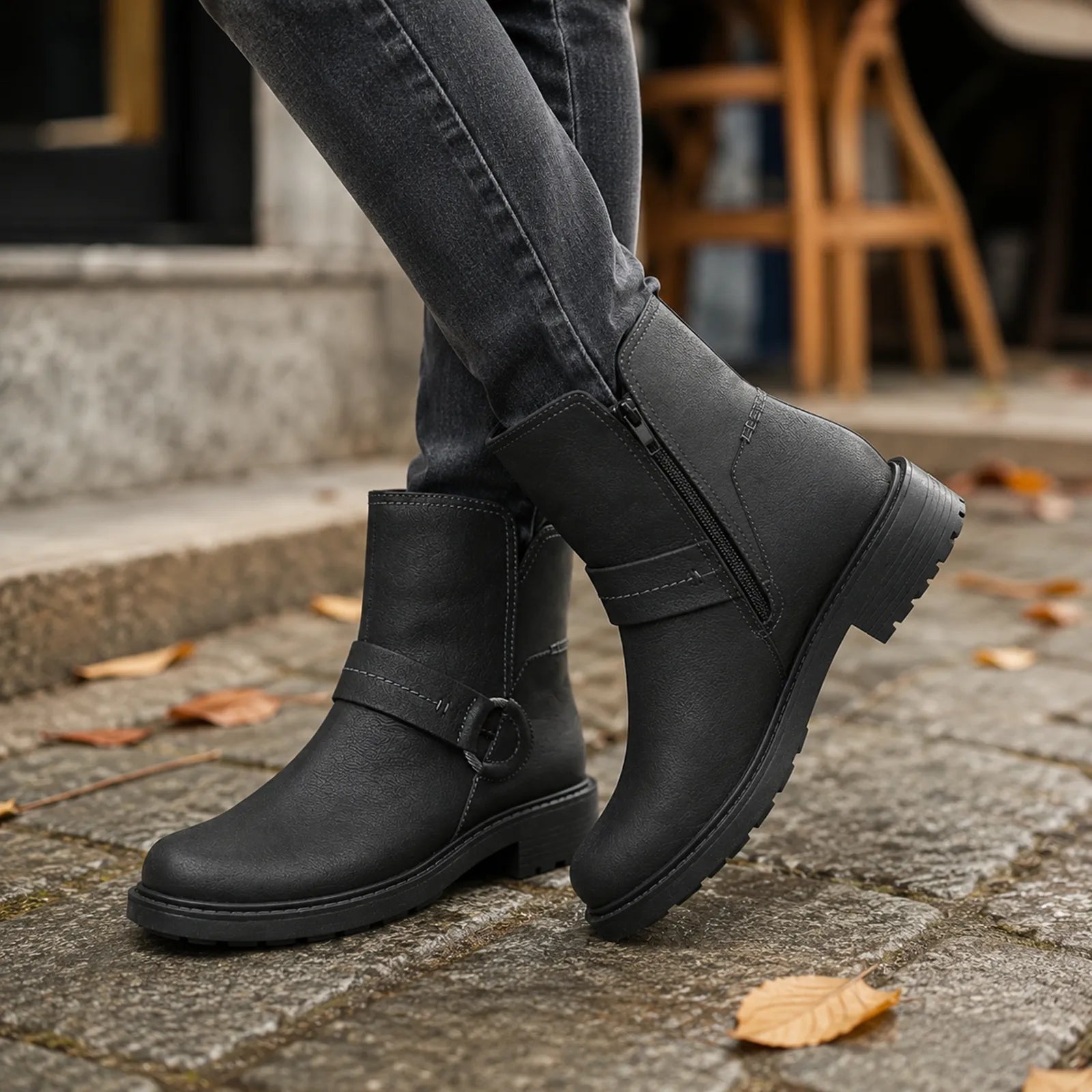 Black leather ankle boots close-up with side zip and rugged treaded sole