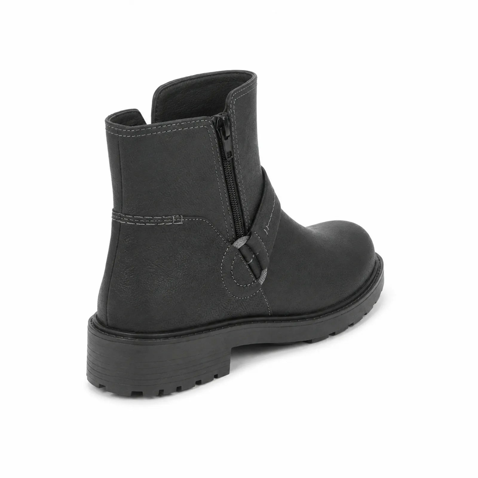 Black leather ankle boots with side zip entry and cushioned treaded sole