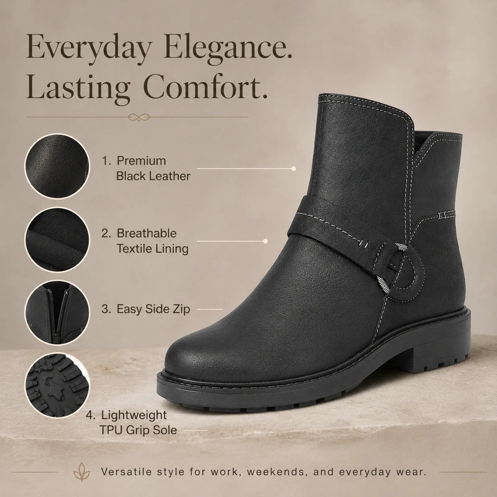 Women’s black leather ankle boots with side zip and low-profile sole
