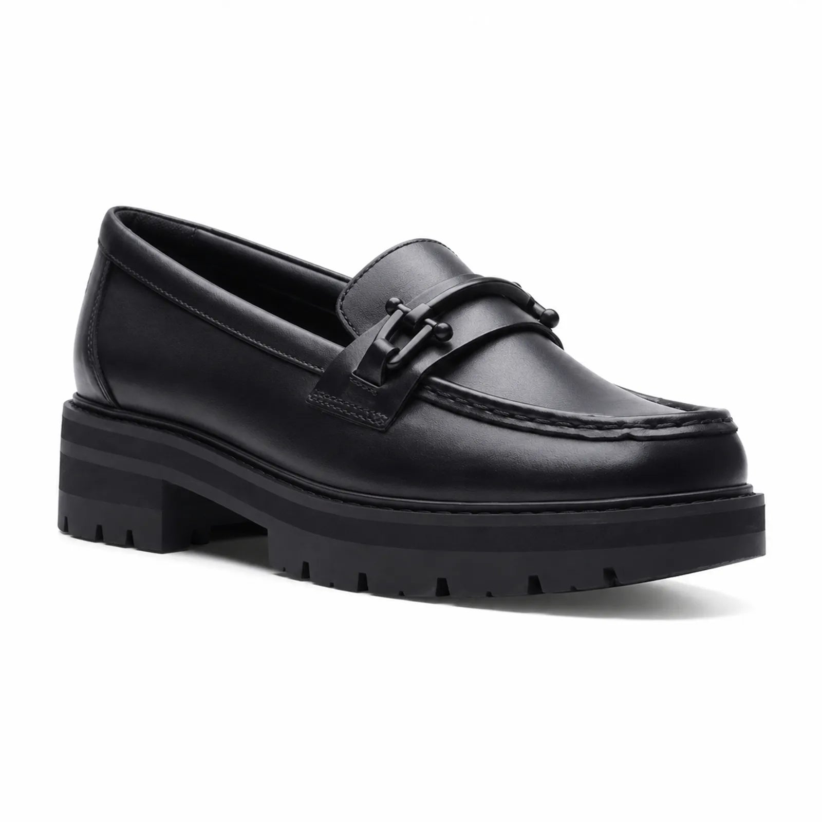Women’s black leather bit loafers with metal bit bar and chunky lug sole