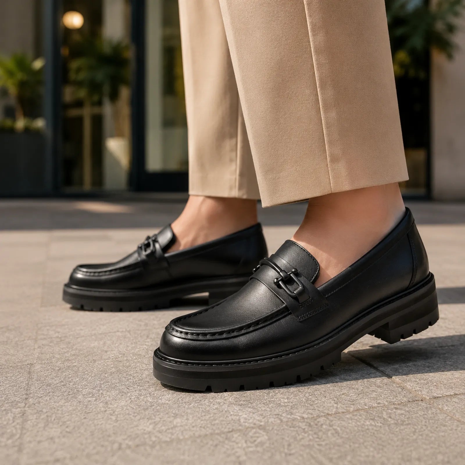 Black leather bit loafers with metal buckle detail and textured tread sole