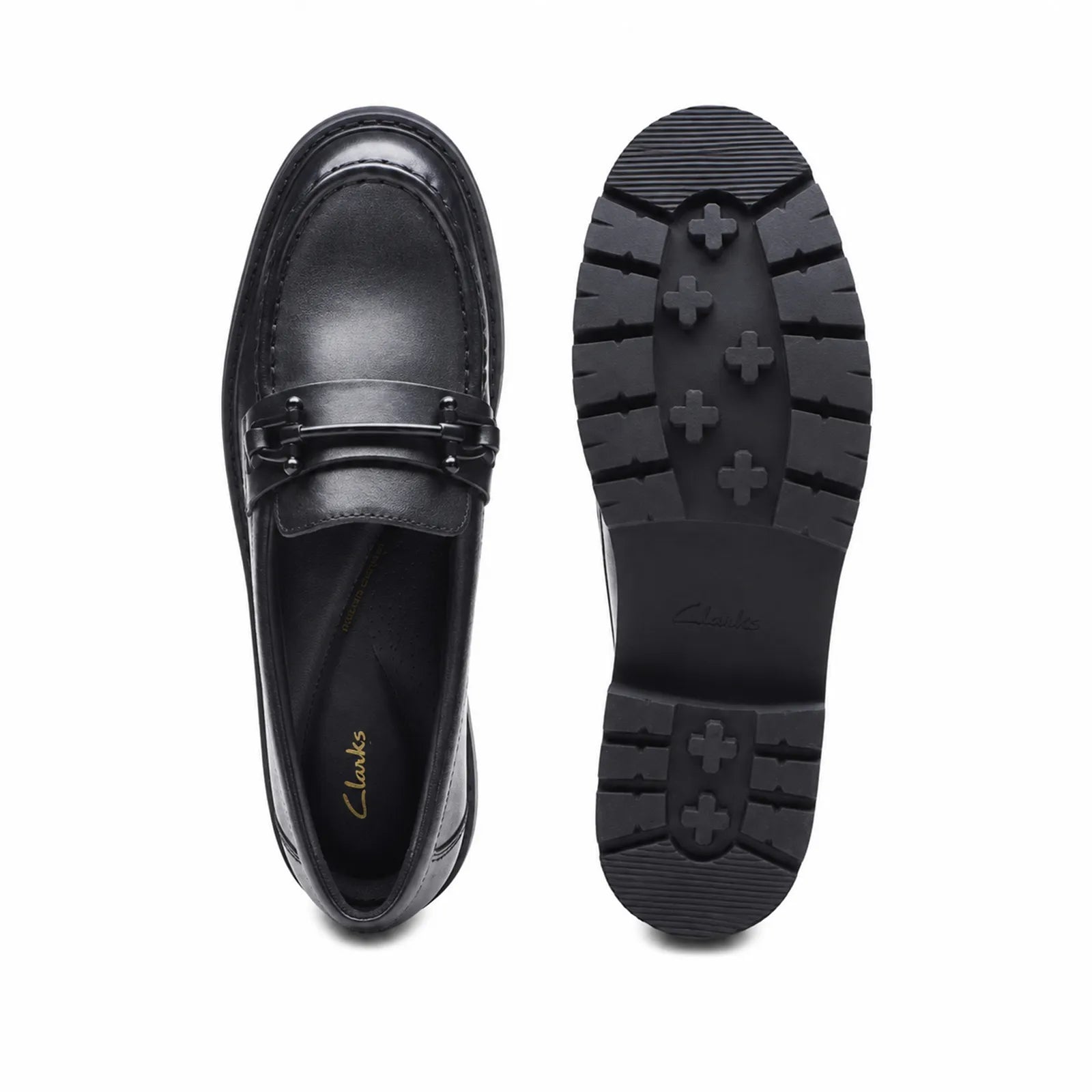 Black leather bit loafers with metal bar and rubber lug outsole