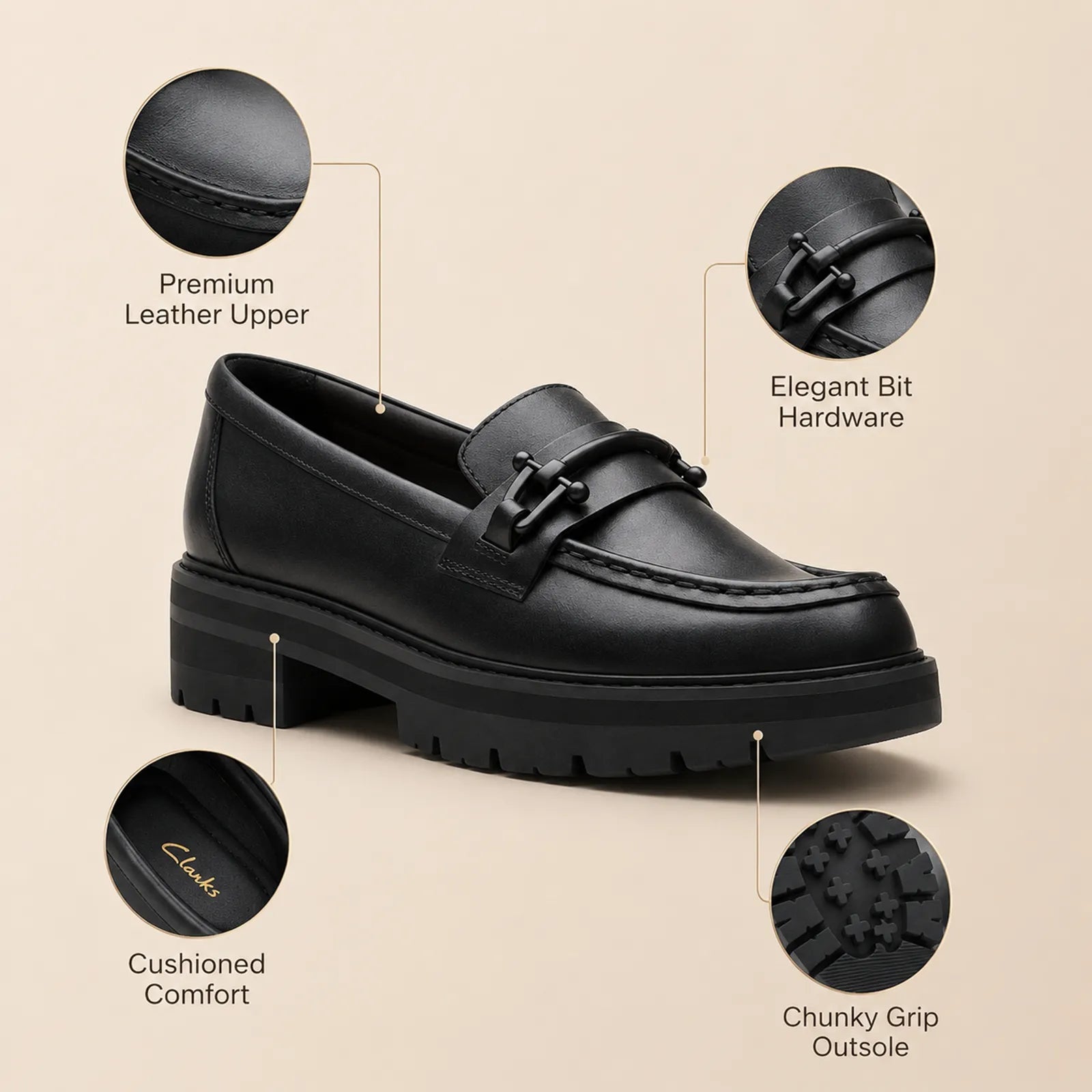 Black leather bit loafers with elegant bit hardware and chunky grip outsole