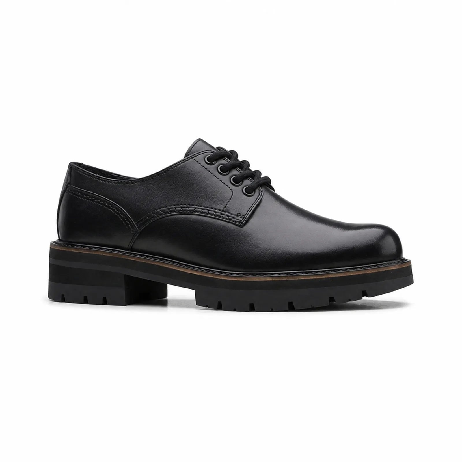 Black leather derby loafers with lace-up closure and chunky rubber sole.