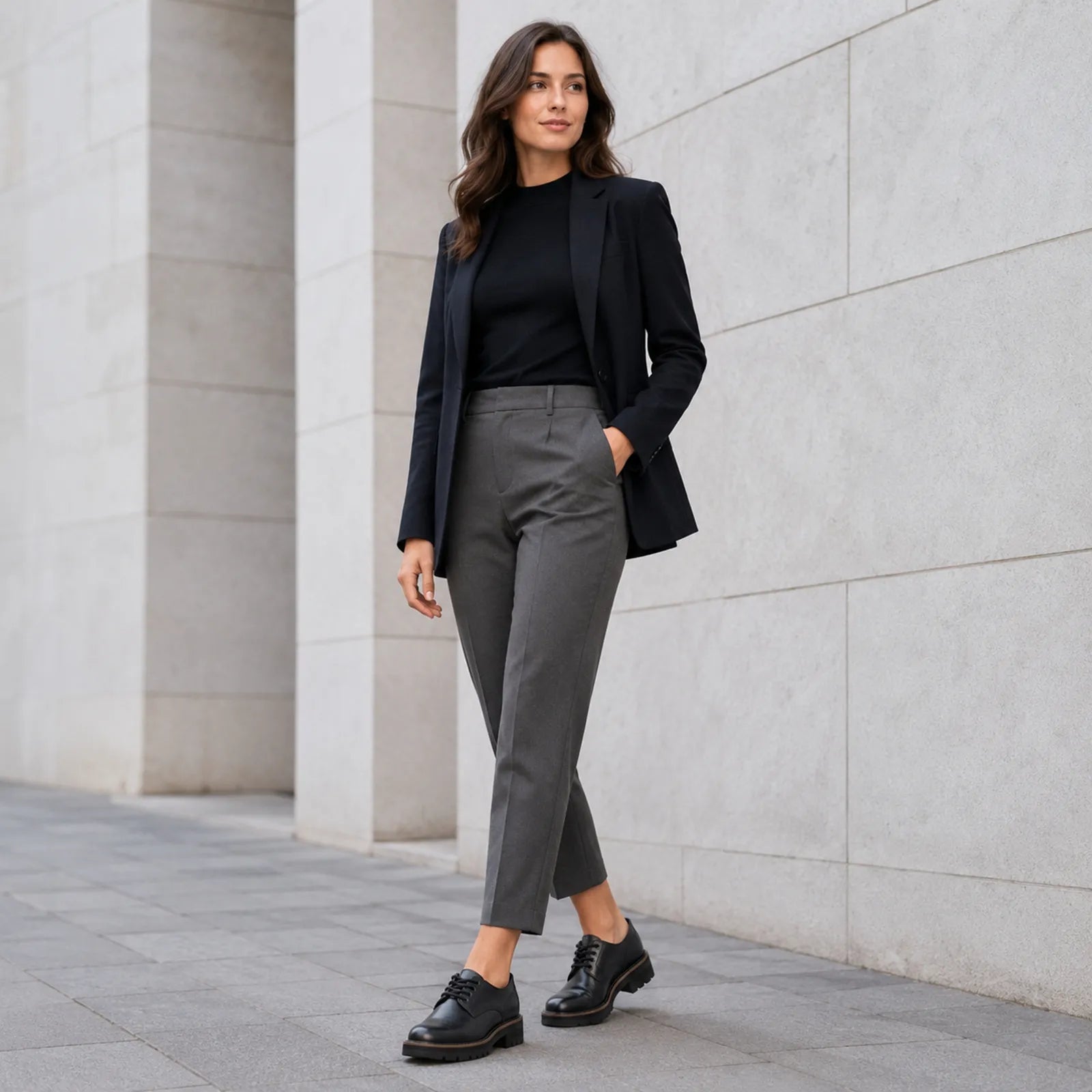 Black leather lace-up loafers with block heel and chunky tread sole.