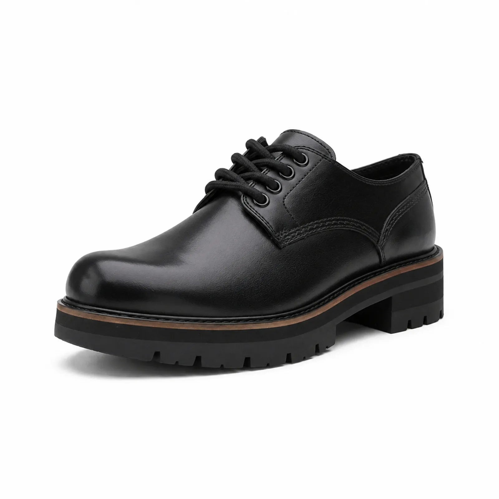 Black leather lace-up derby shoes with chunky tread sole and stitched detailing.