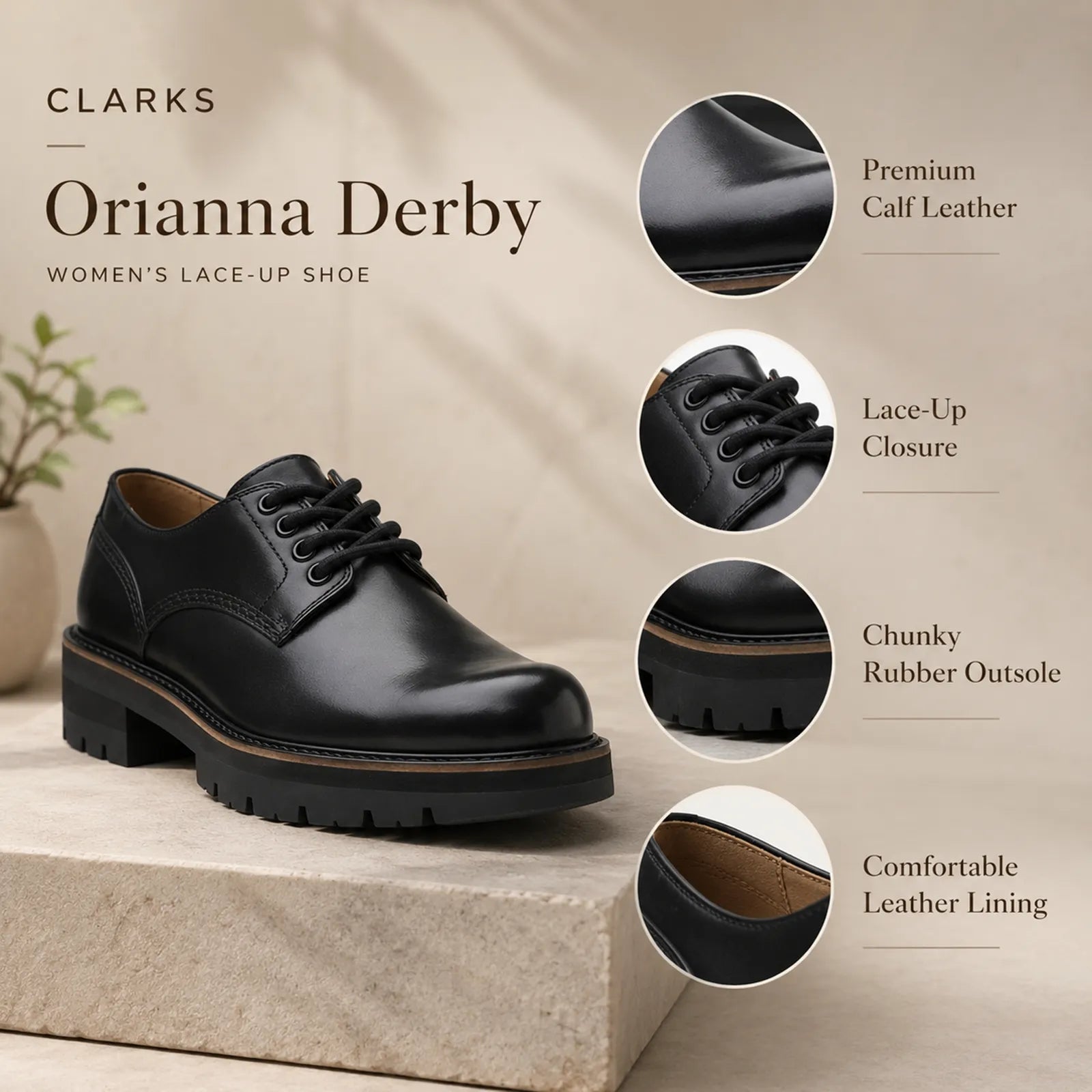 Black leather lace-up derby shoes with chunky rubber outsole and round toe.