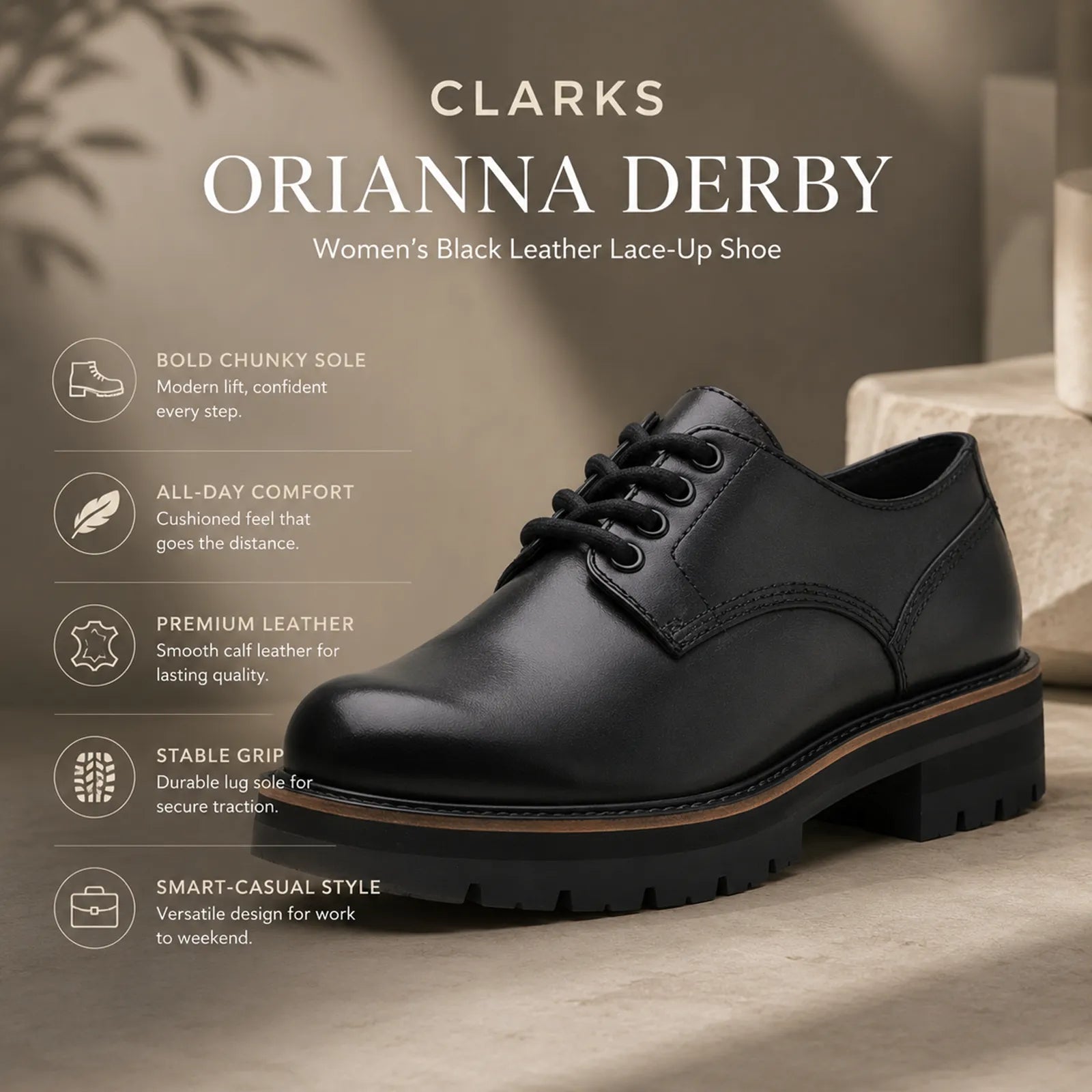 Black leather lace-up derby shoe with thick rubber sole.