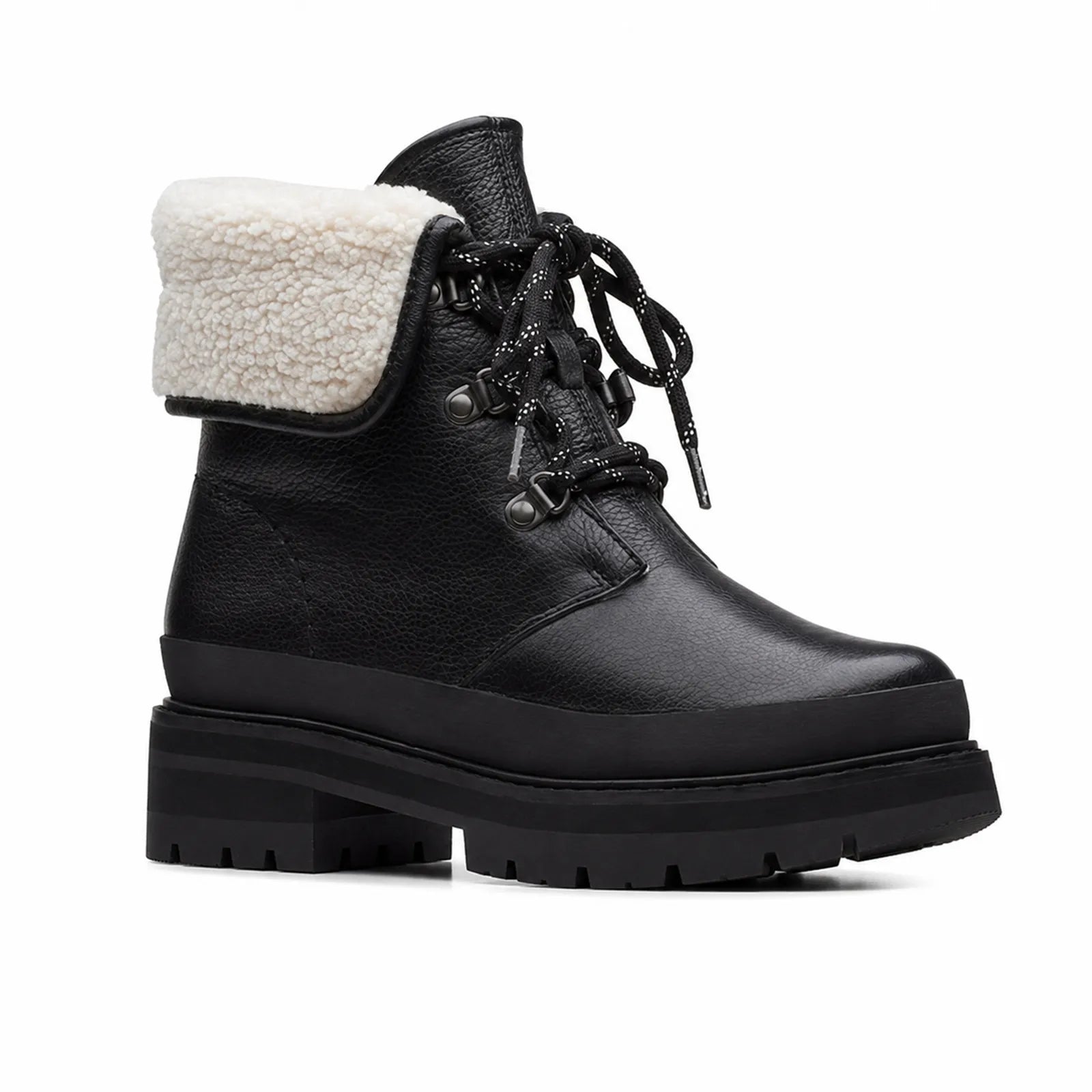 Black lace-up ankle boots with sherpa fleece collar and chunky tread sole