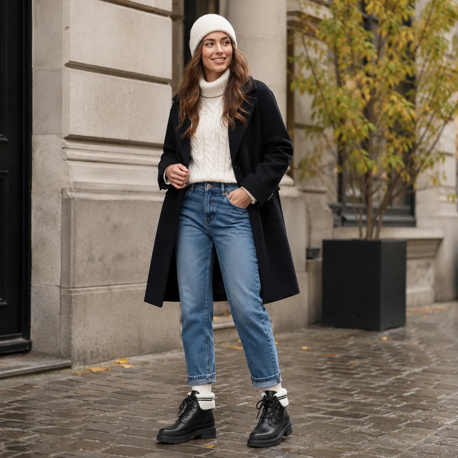 Black lace-up ankle boots with sherpa cuff and chunky rubber sole