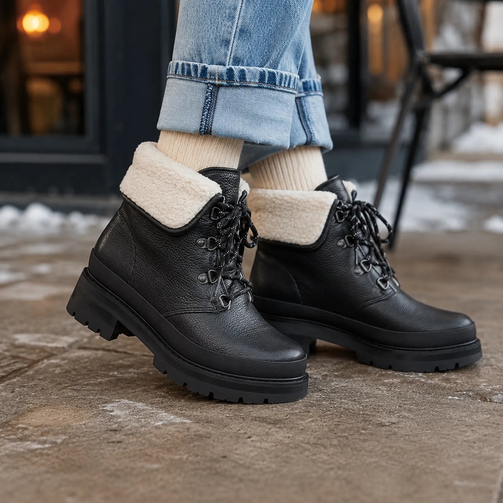 Black lace-up ankle boots with light sherpa cuffs and chunky outsole