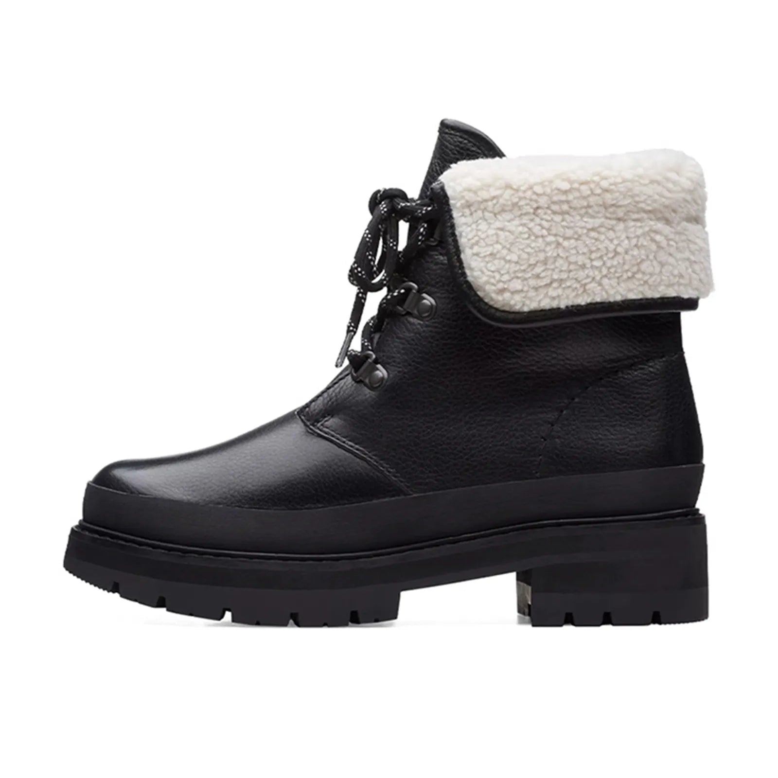 Black lace-up ankle boots with sherpa fleece collar and thick rubber sole