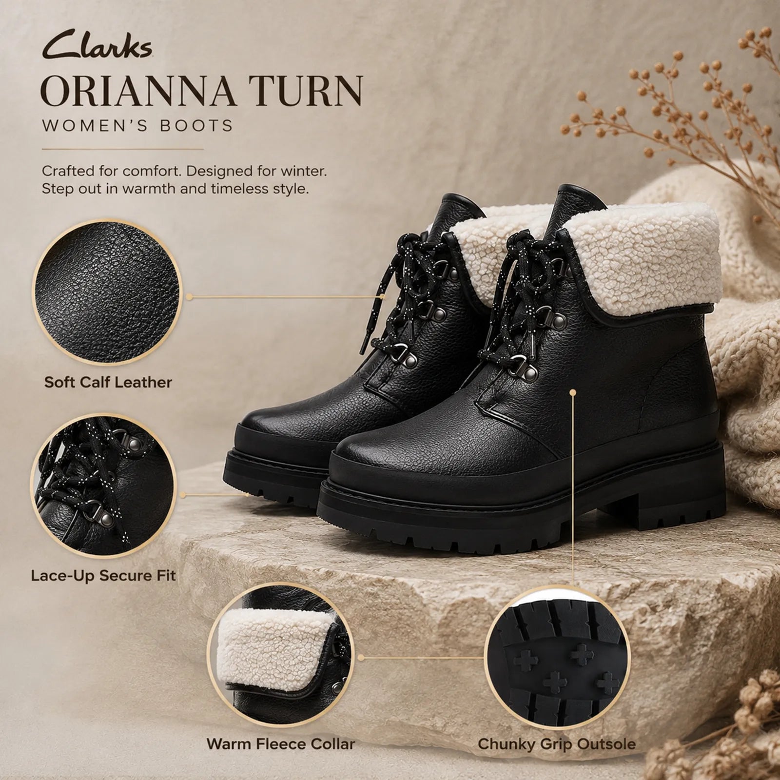Black lace-up women’s ankle boots with sherpa fleece collar and chunky grip sole
