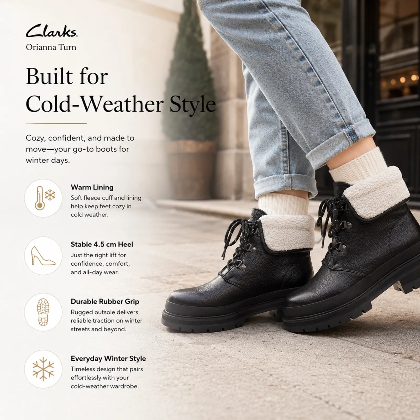 Black lace-up winter ankle boots with sherpa lining cuff and rugged rubber grip sole