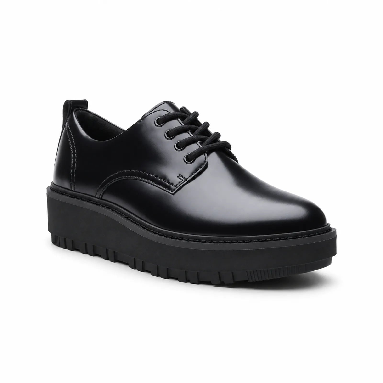Black leather lace-up derby shoes, front angled view with thick tread sole