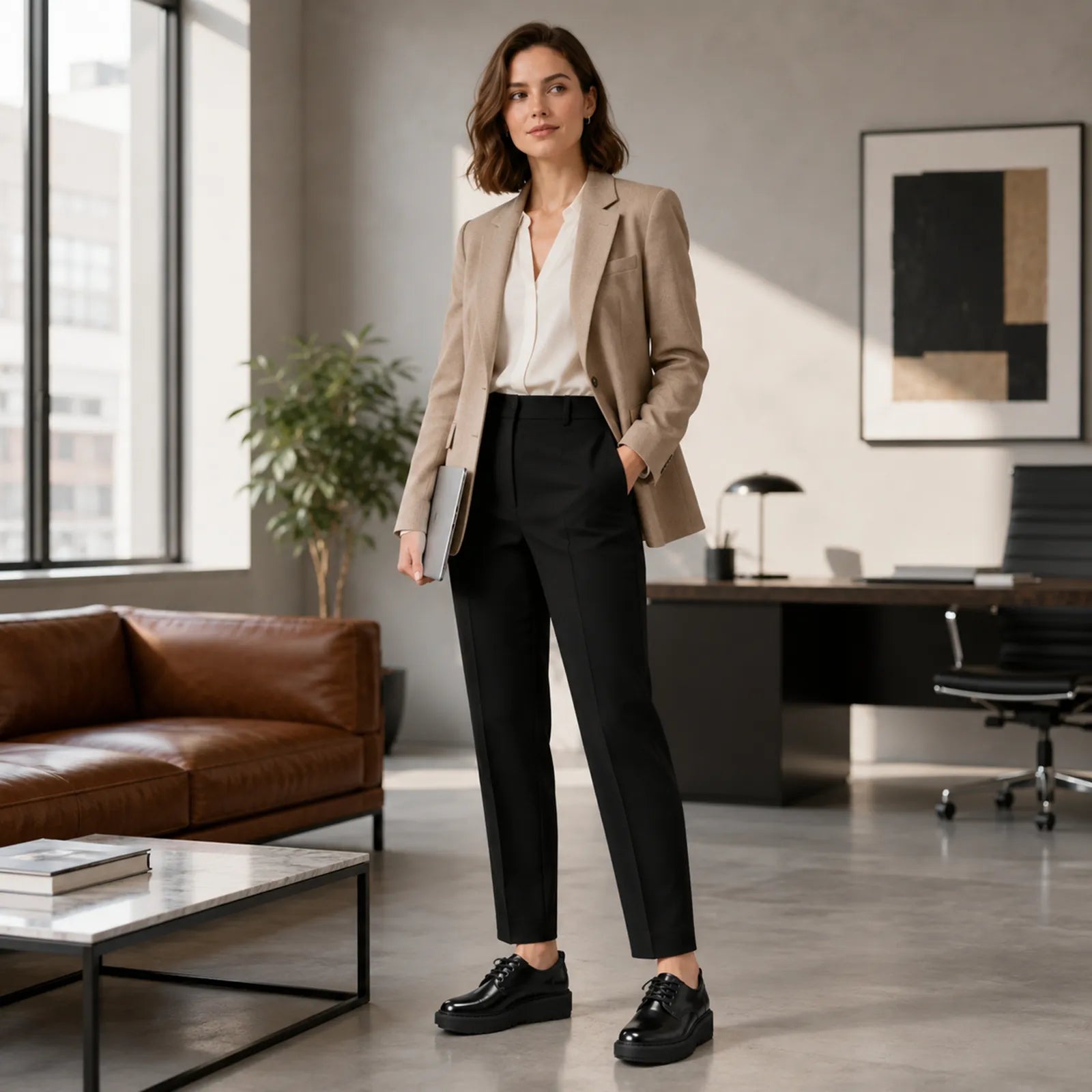 Black leather lace-up derby shoes on feet with tailored pants and jacket