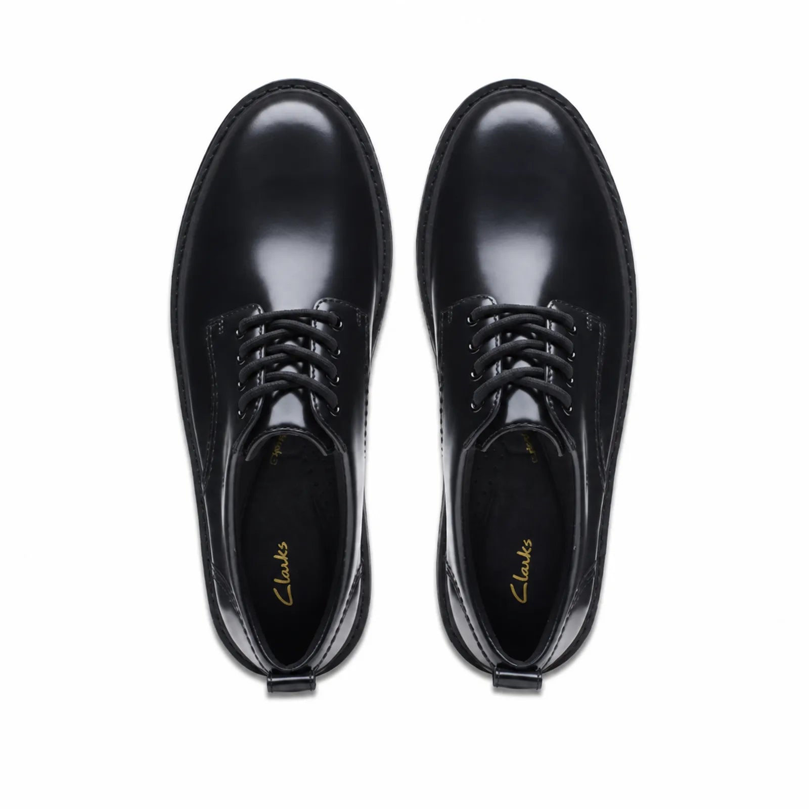 Black leather derby shoes top view with lace-up closure and cushioned uppers