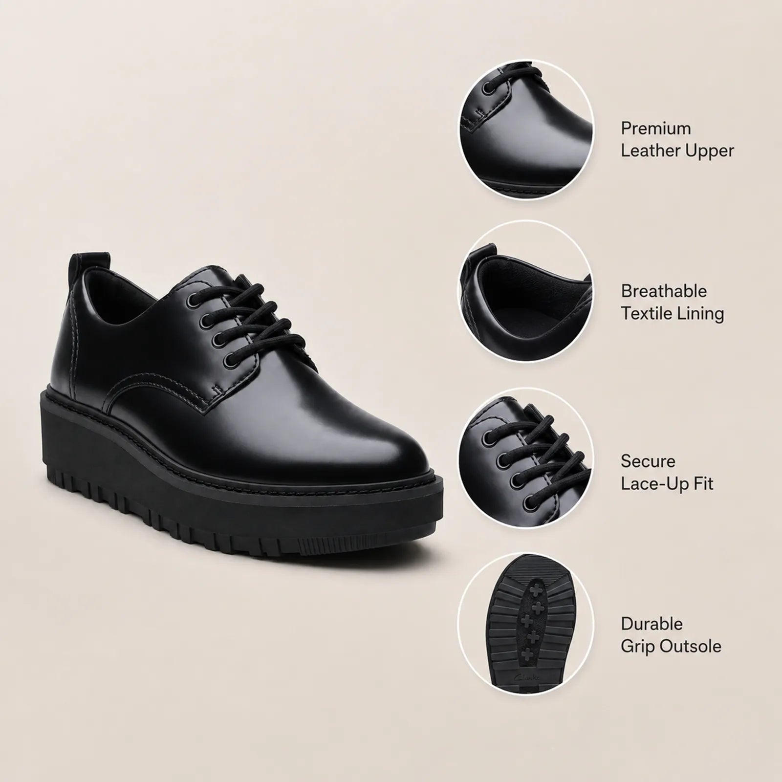 Black leather lace-up derby shoes with thick outsole, close-up feature layout