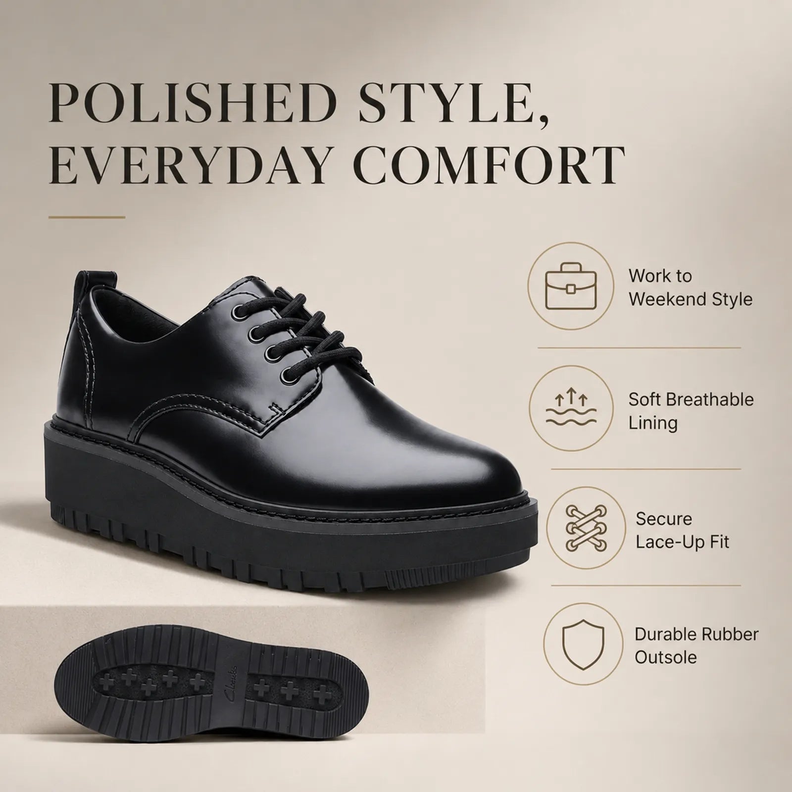 Black leather lace-up derby shoes with thick rubber platform sole