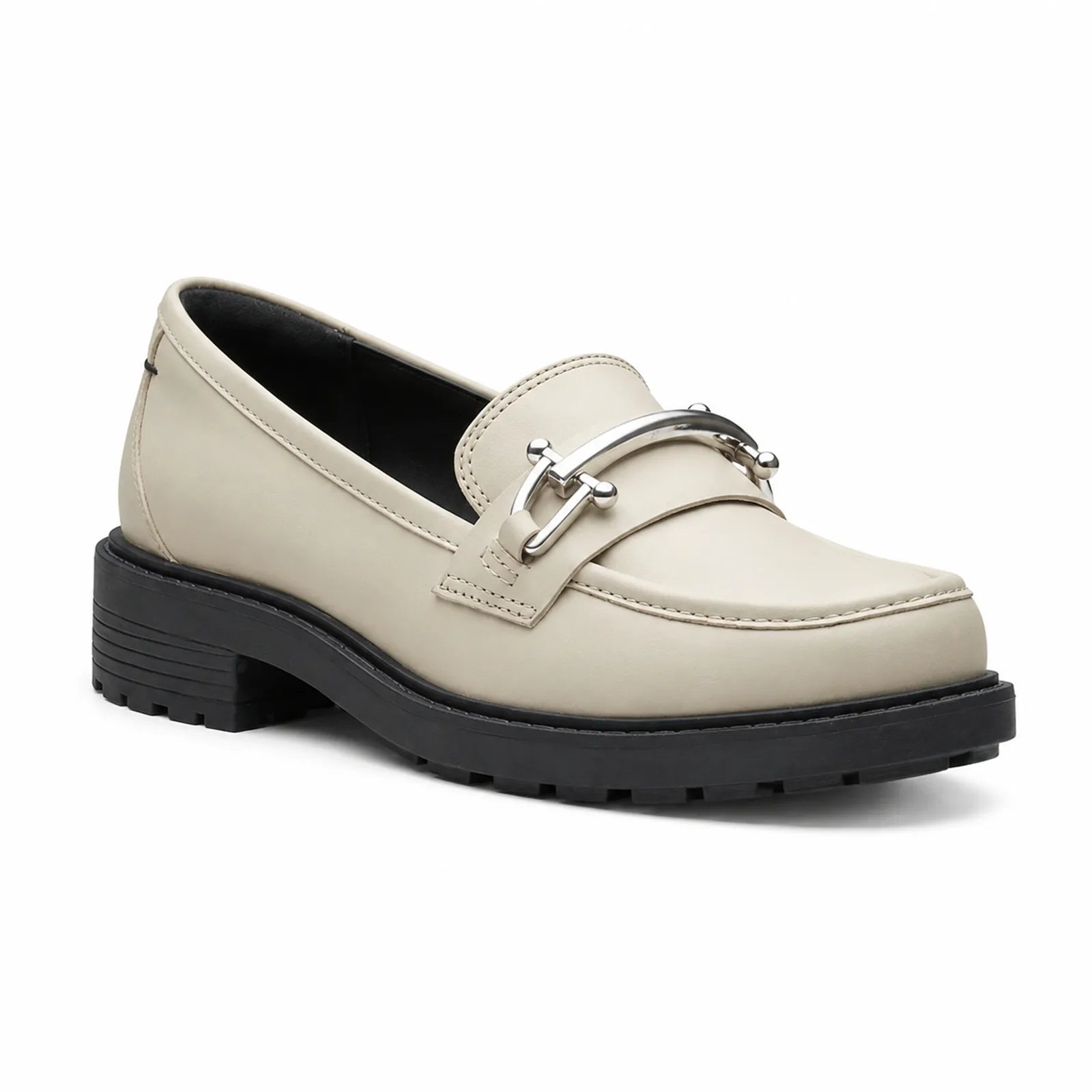 Ivory women's leather loafer with silver metal horsebit strap and low block heel