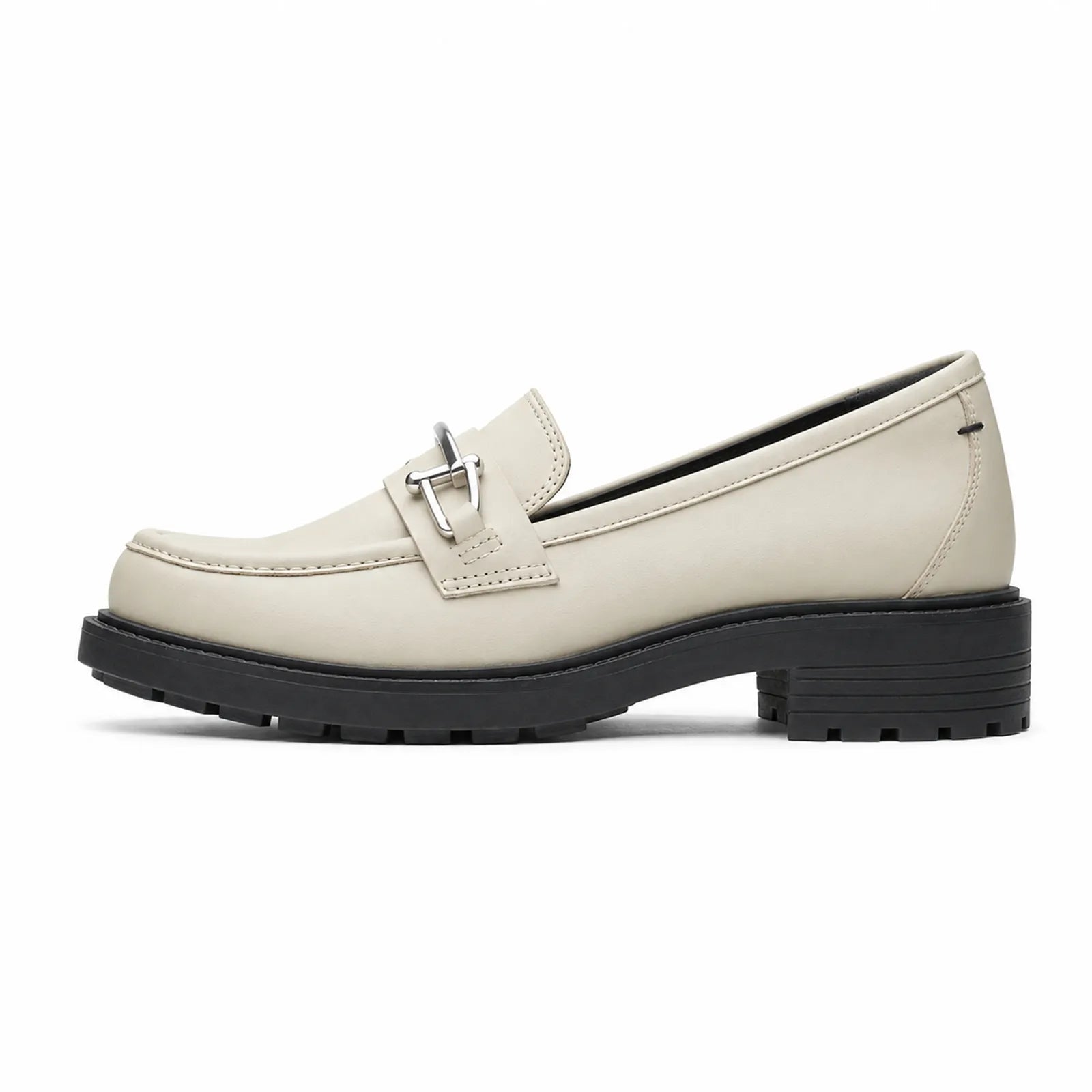 Ivory leather loafer with silver metal buckle strap and black tread outsole