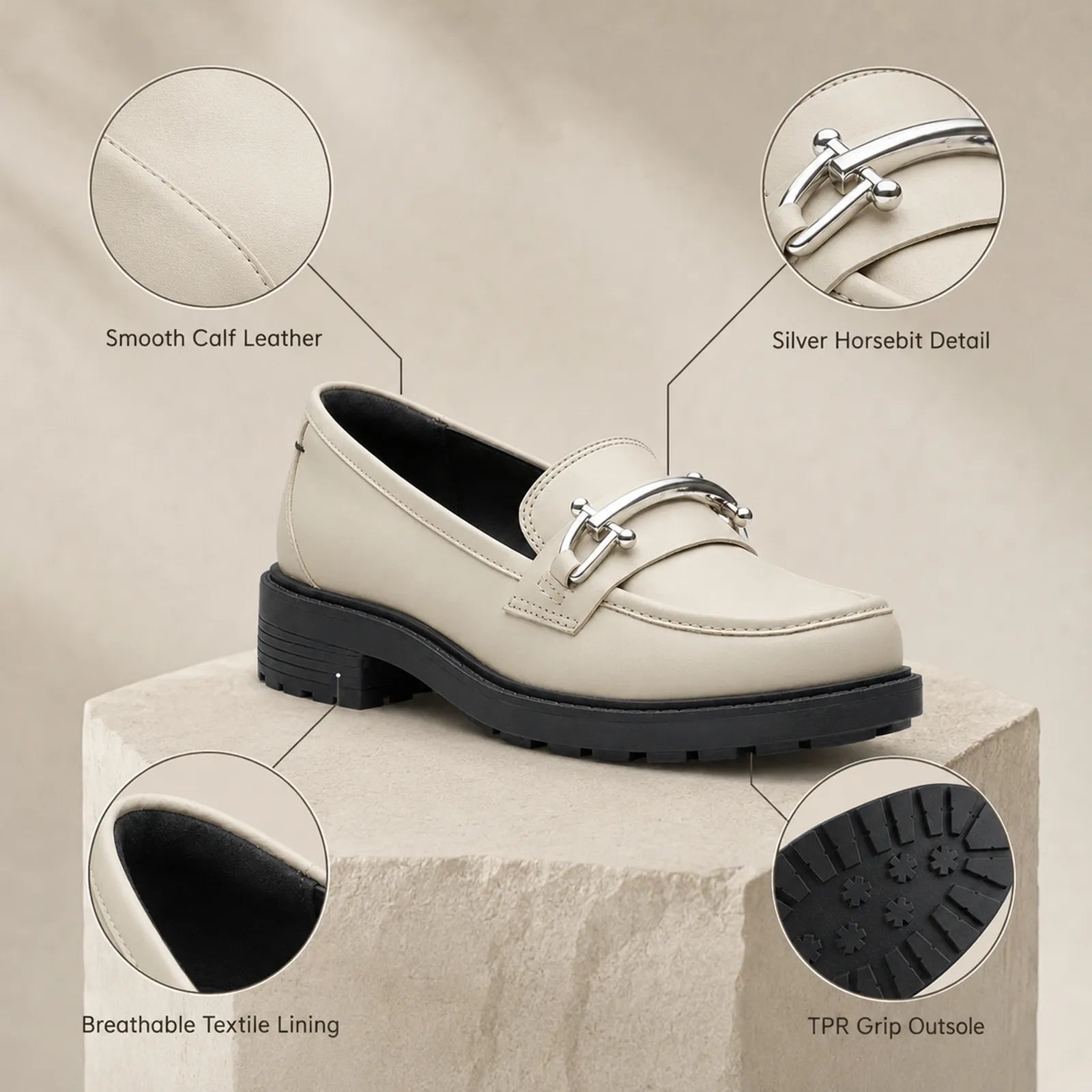 Ivory leather loafer with silver metal horsebit detail, plus tread and lining views