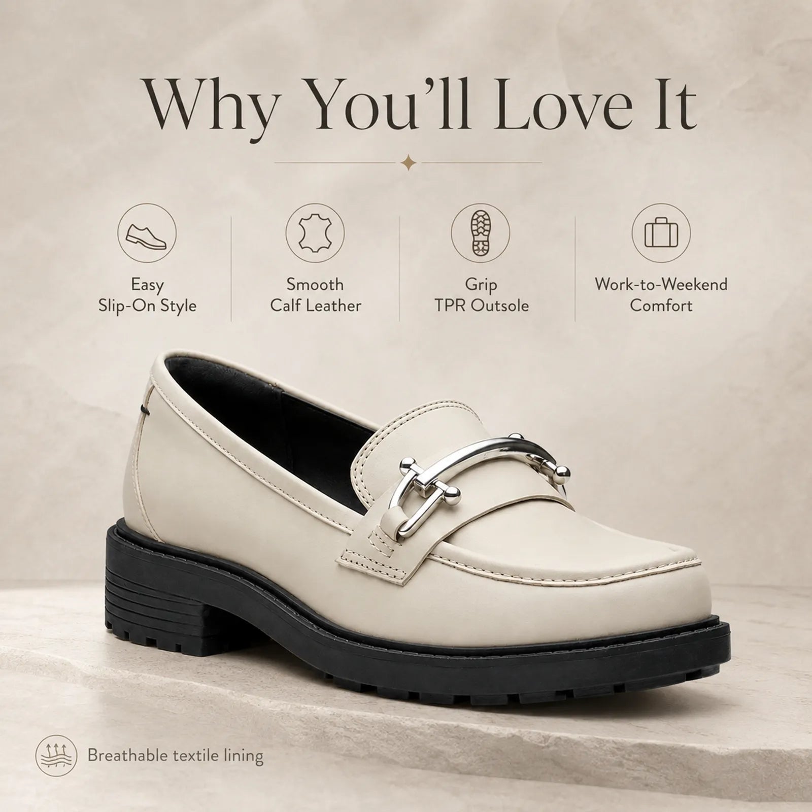 Ivory leather women's loafer with silver metal horsebit strap and low block heel